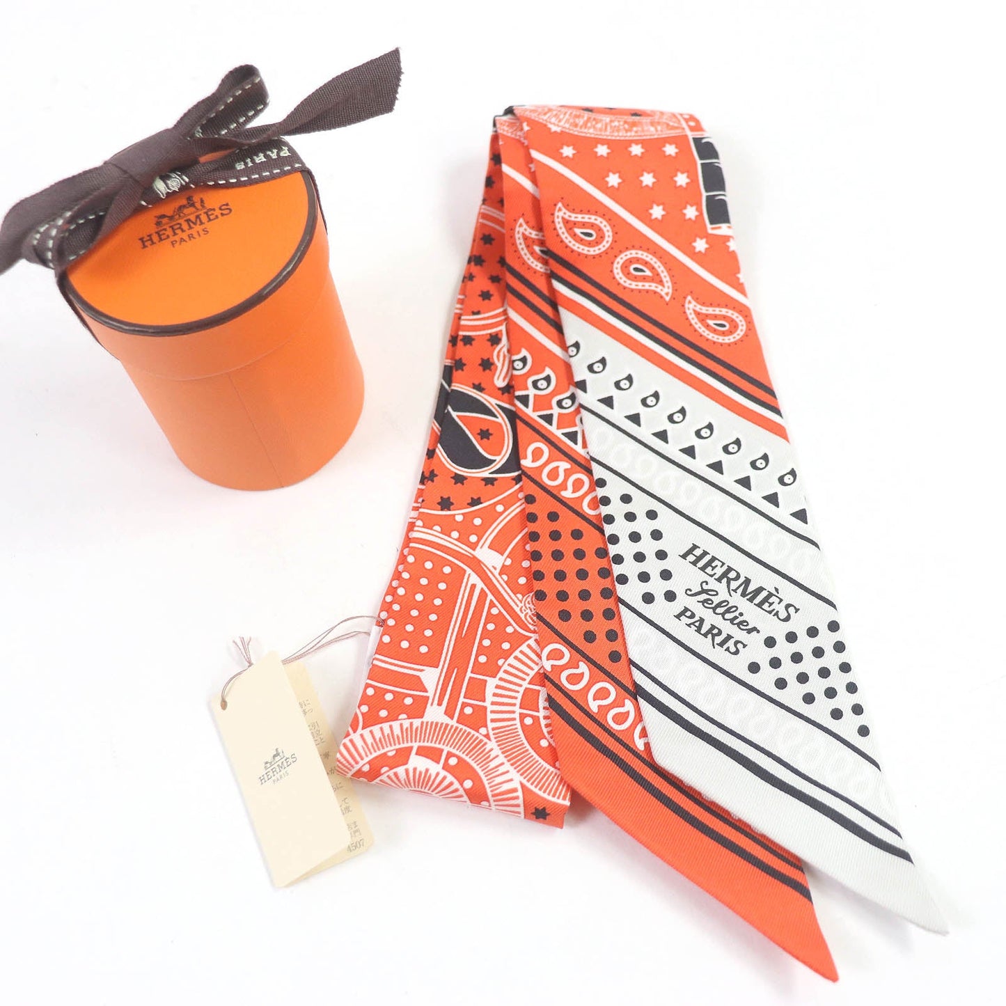 HERMES scarf H062978S Main: 100% silk Vermilion/Gris Perle/White Twilly Women