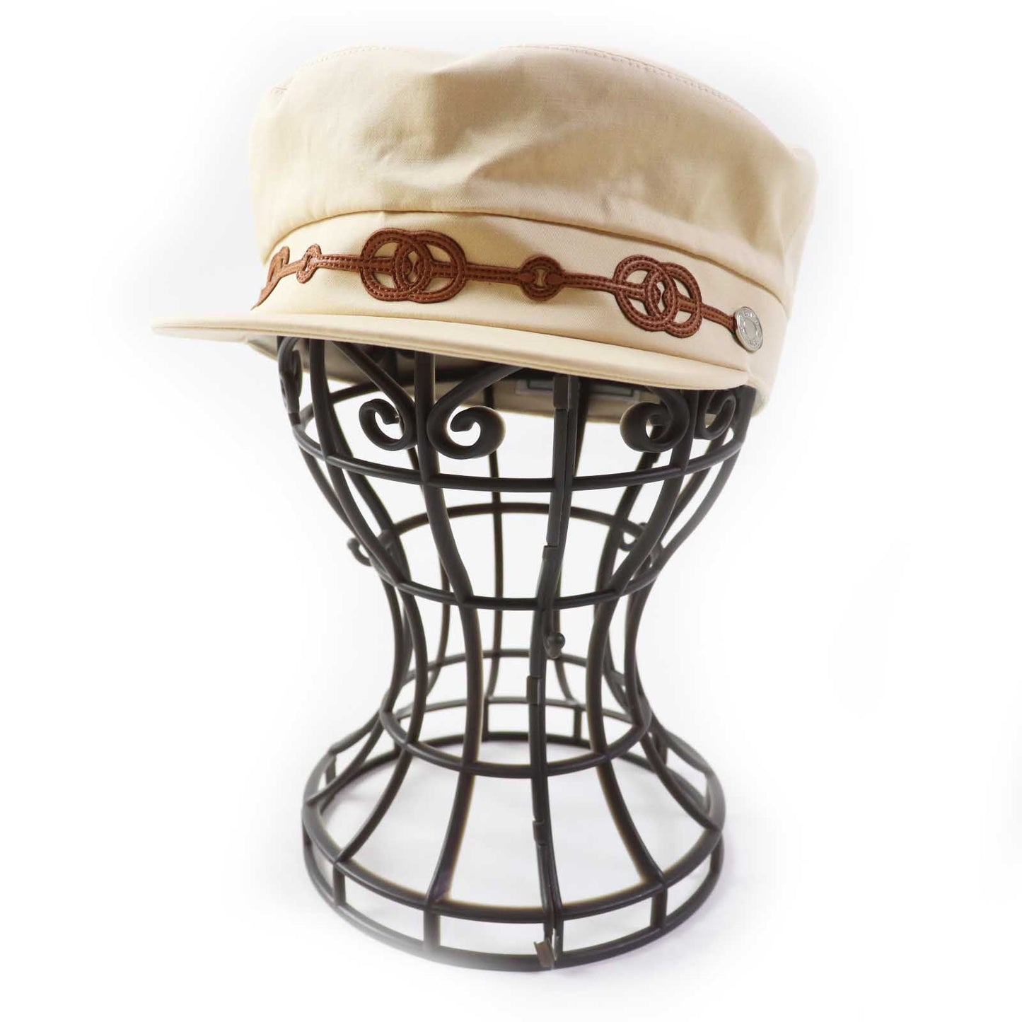 HERMES Casquette Outer: 96% cotton, Outer: 4% polyurethane, Lining: 65% rayon, Lining: 35% cotton, Part: 100% polyester, Lining trimming: 56% cotton, 44% rayon Leather part: Sheepskin Beige camel Kapoor Cricketis Women 57