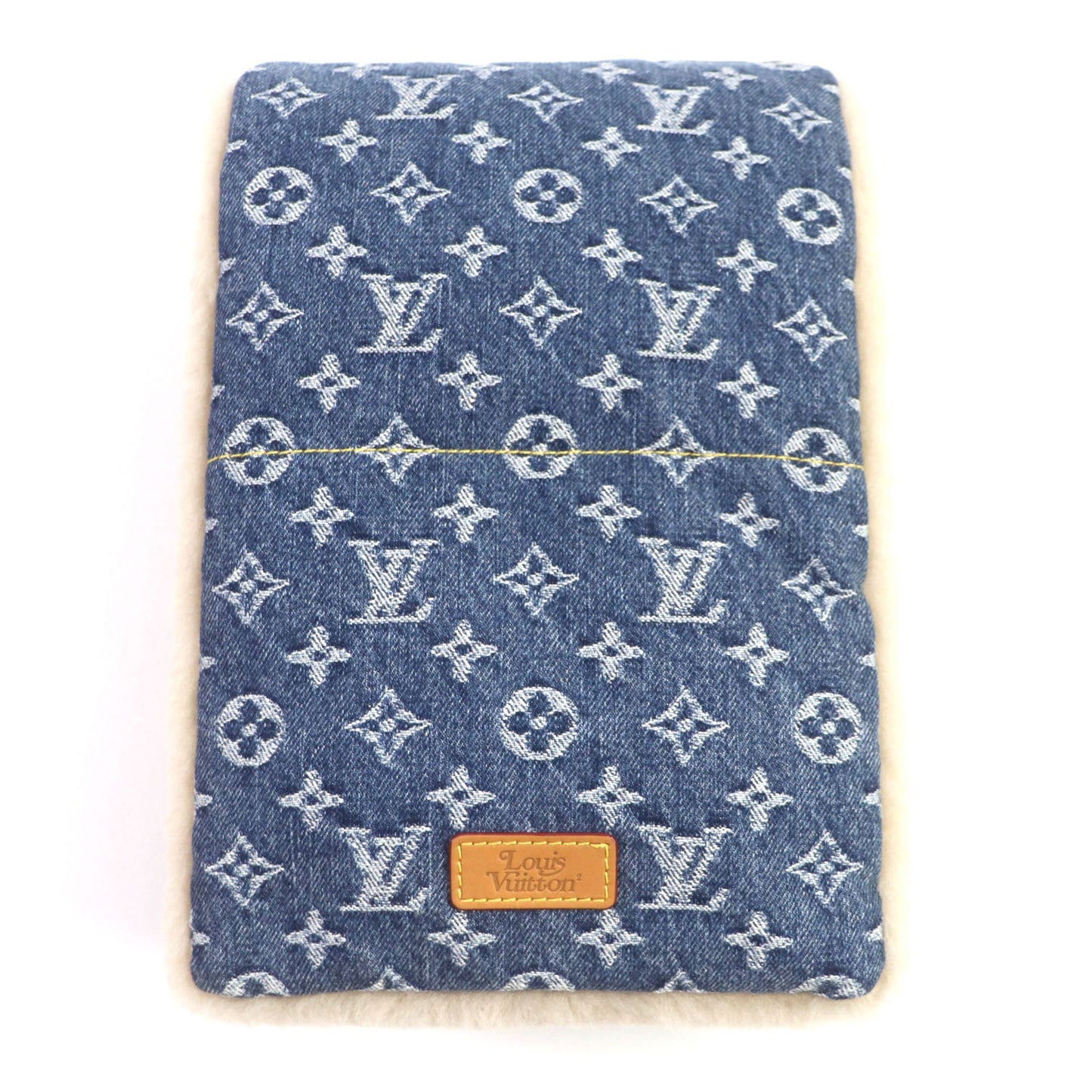 LOUIS VUITTON Scarf Main: 100% wool, Lining: 100% cotton, Filling: 100% polyester, Patch: Cowhide Blue beige Monogram denim Echarpe Shearling mens