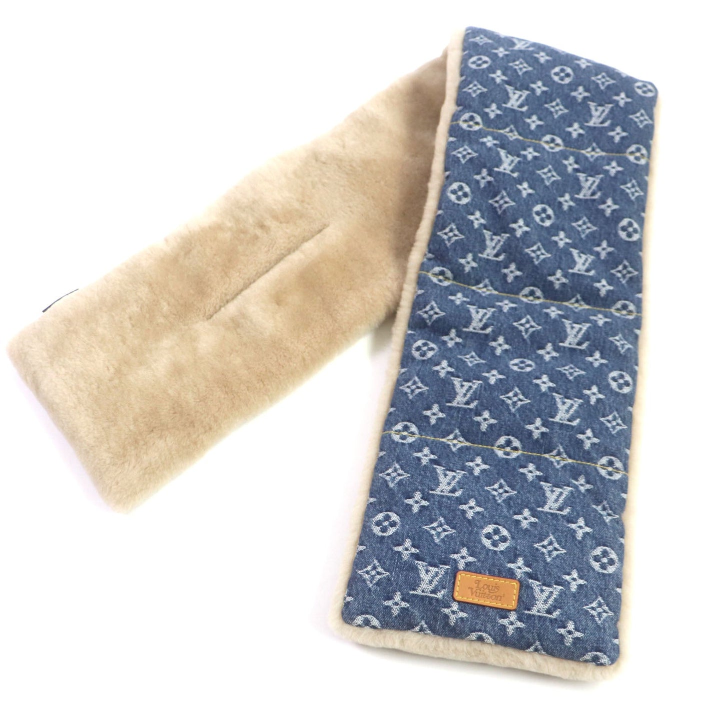 LOUIS VUITTON Scarf Main: 100% wool, Lining: 100% cotton, Filling: 100% polyester, Patch: Cowhide Blue beige Monogram denim Echarpe Shearling mens