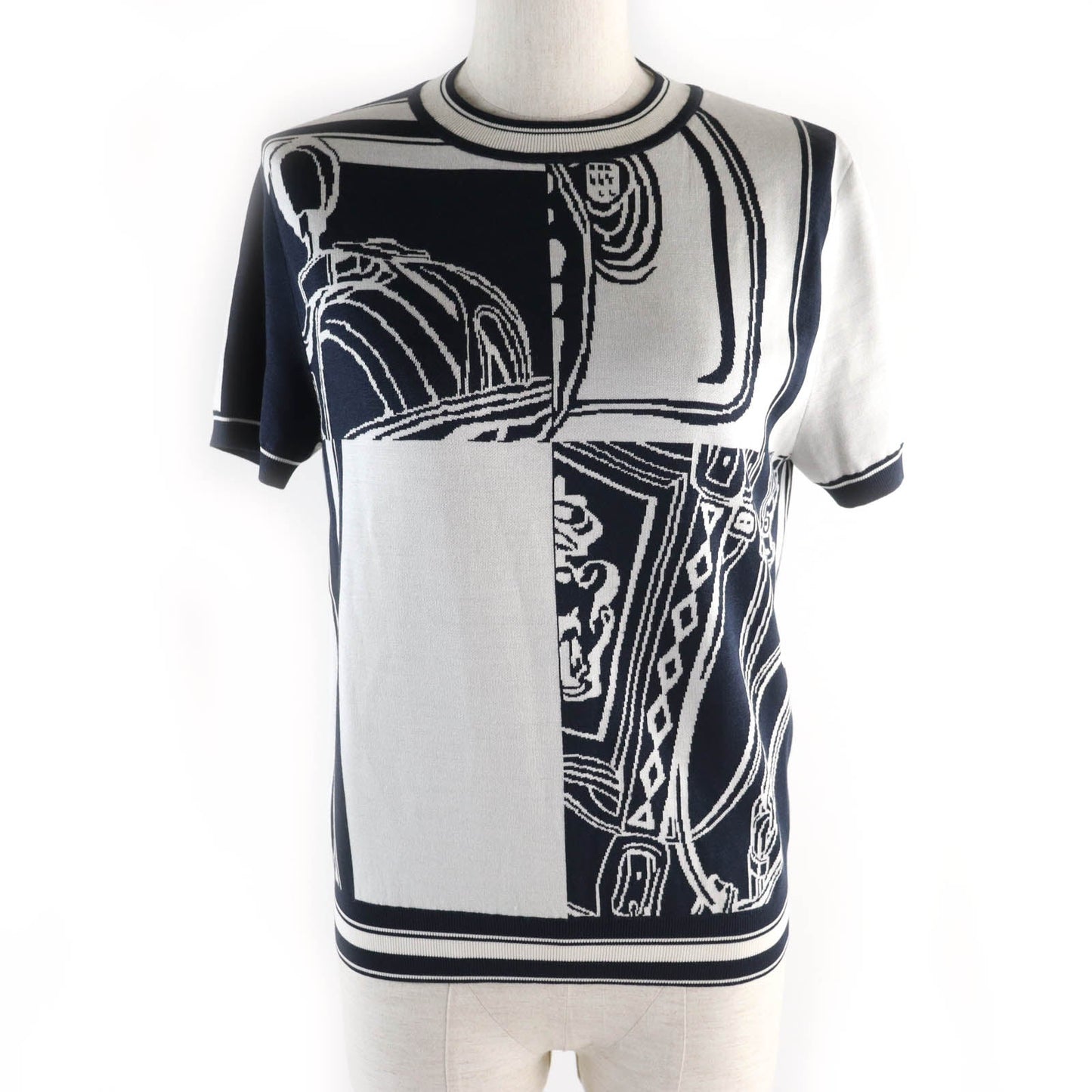 HERMES Short sleeve knit silk Navy white chaos Women 38