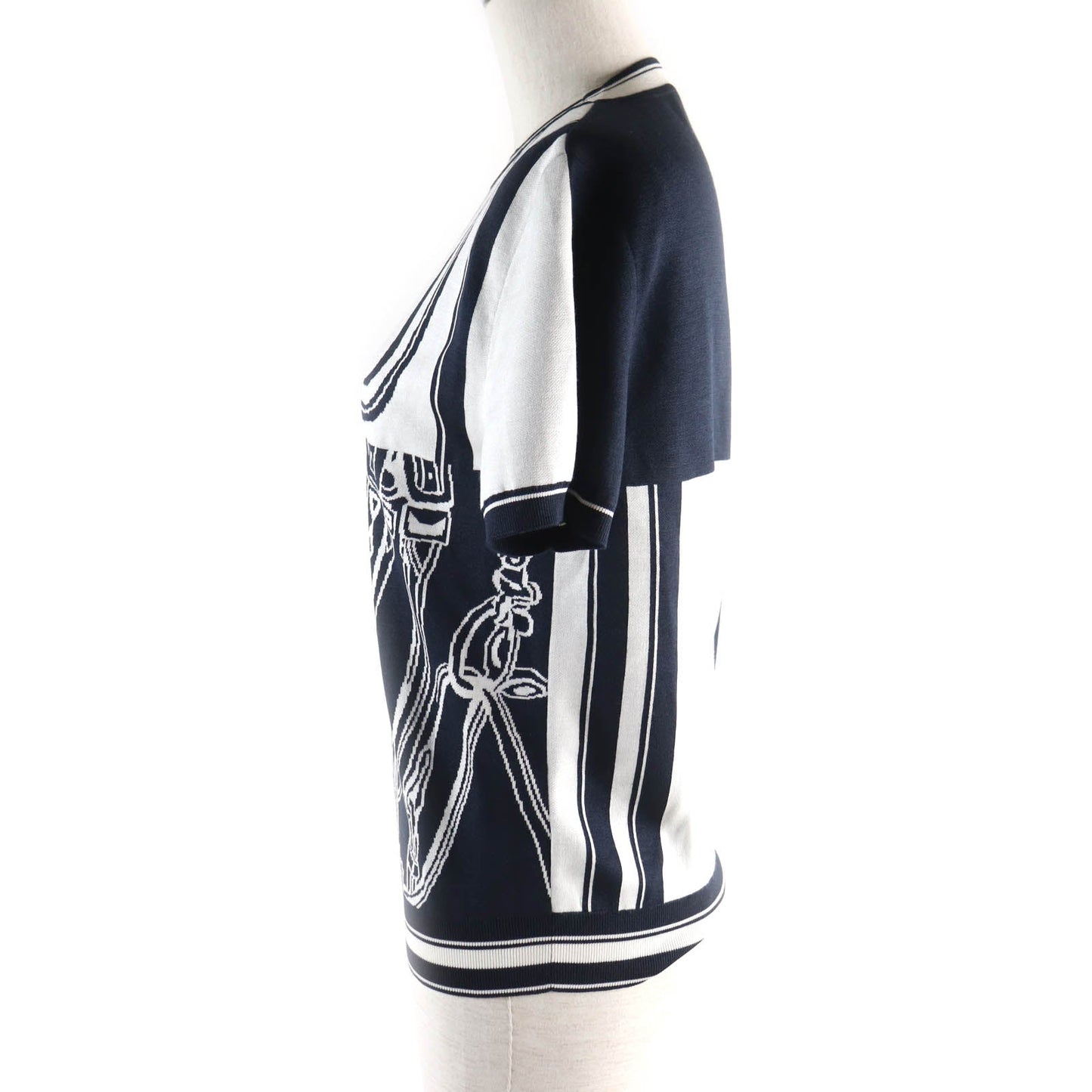 HERMES Short sleeve knit silk Navy white chaos Women 38