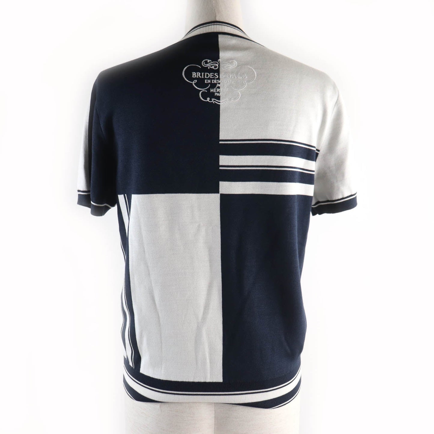 HERMES Short sleeve knit silk Navy white chaos Women 38