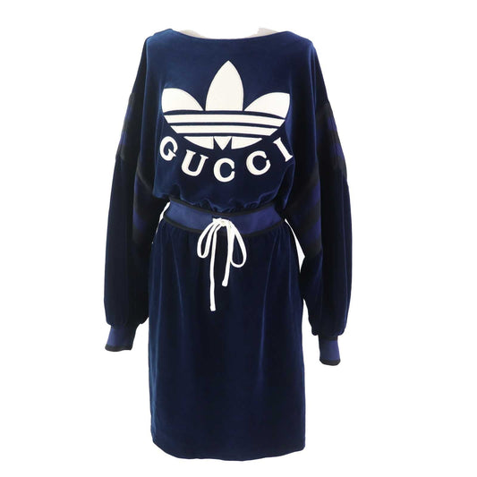GUCCI one piece 695679 Outer: 85% cotton, Outer: 15% nylon, Part: 100% nylon, Lining: 100% cotton, Trimming: 91% polyester, 9% polyurethane, Embroidery: 65% polyester, 31% cotton, 4% nylon Navy Trefoil embroidered chenille dress Women S