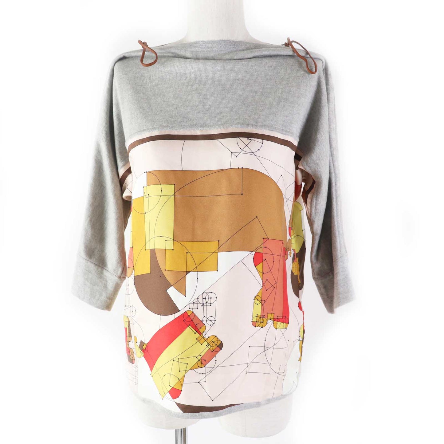 HERMES Cut Main: 100% silk, Part: 90% cotton, Part: 10% cashmere, Accessories: Sheep leather Gray multi ECHEC AU ROI Checkmate Women 34