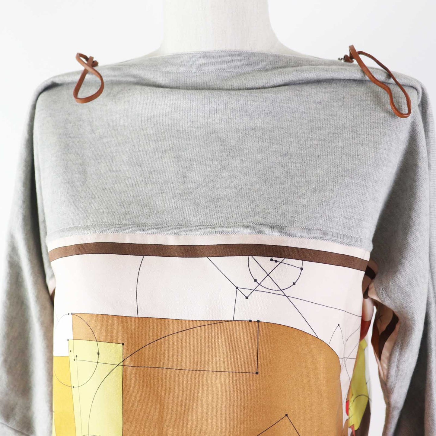 HERMES Cut Main: 100% silk, Part: 90% cotton, Part: 10% cashmere, Accessories: Sheep leather Gray multi ECHEC AU ROI Checkmate Women 34