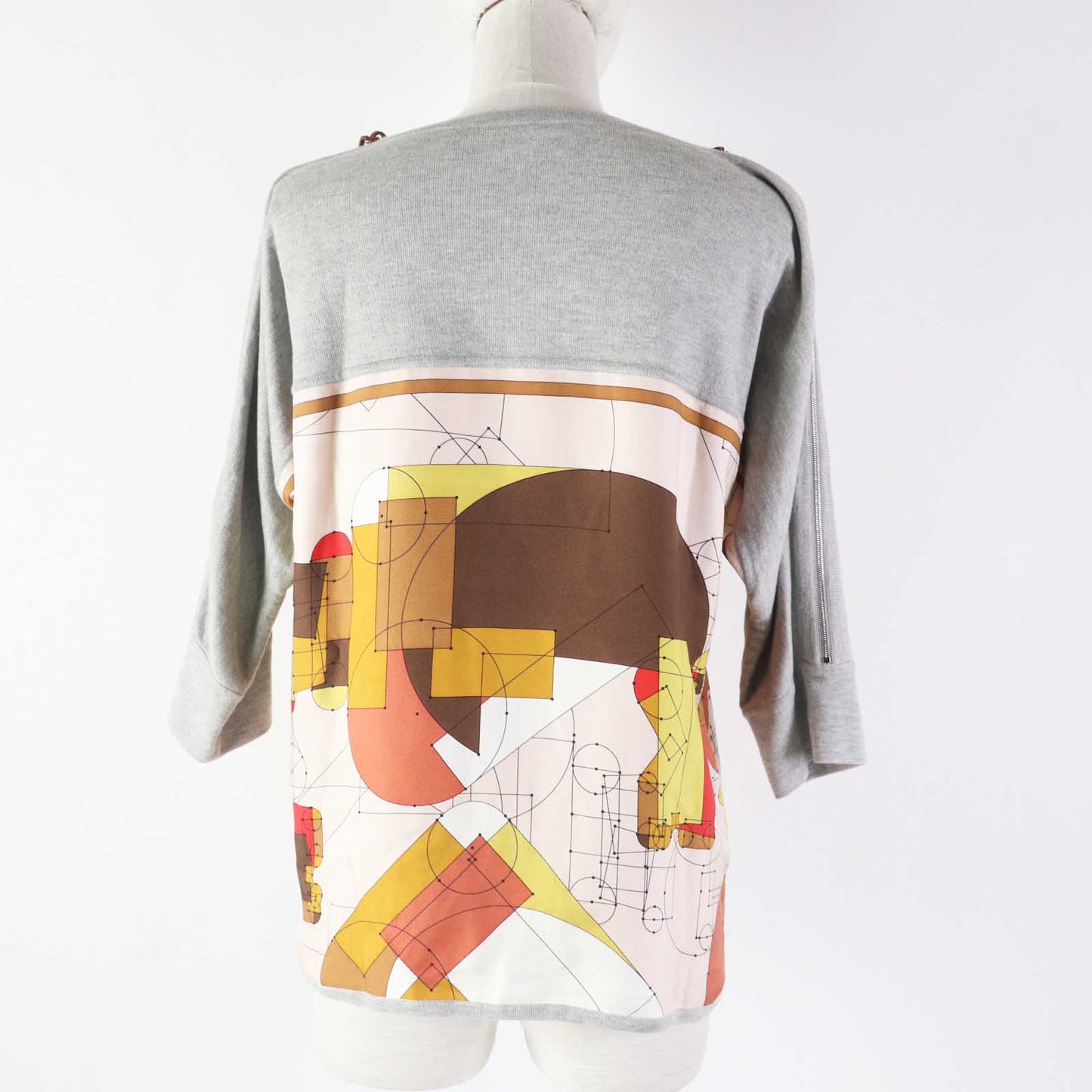HERMES Cut Main: 100% silk, Part: 90% cotton, Part: 10% cashmere, Accessories: Sheep leather Gray multi ECHEC AU ROI Checkmate Women 34