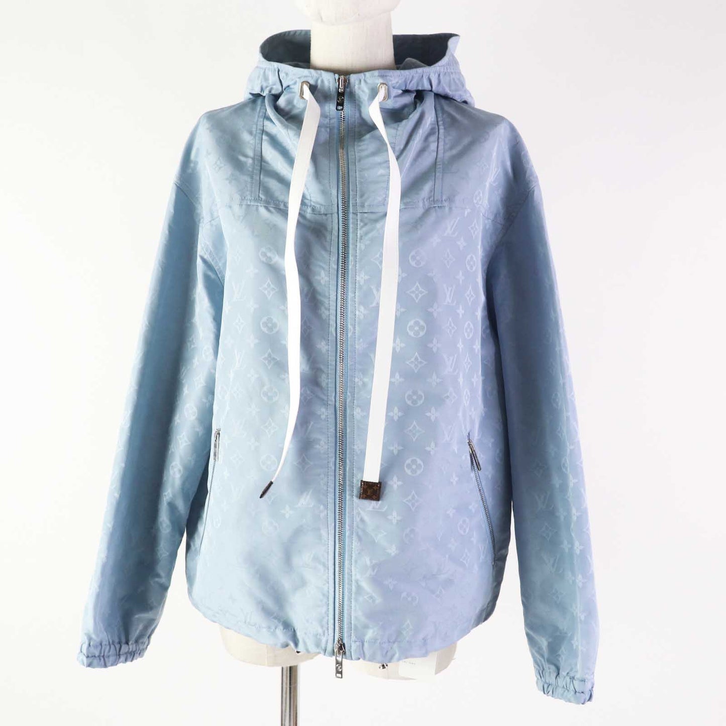 LOUIS VUITTON Blouson 1AFE42 Outer: 53% polyester, Outer: 47% silk, Lining: 100% cotton, Part: 100% polyester, Synthetic leather: 100% polyester Light blue Monogram print parka Women 38