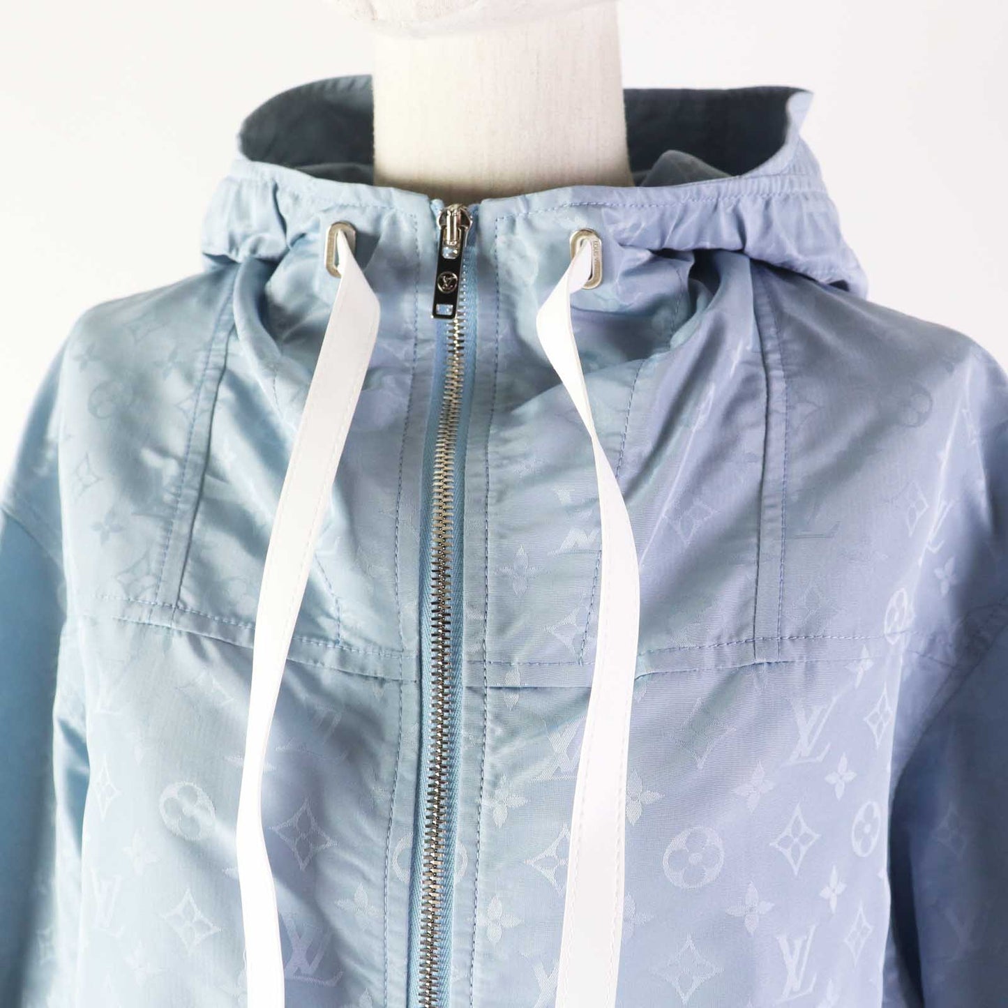 LOUIS VUITTON Blouson 1AFE42 Outer: 53% polyester, Outer: 47% silk, Lining: 100% cotton, Part: 100% polyester, Synthetic leather: 100% polyester Light blue Monogram print parka Women 38