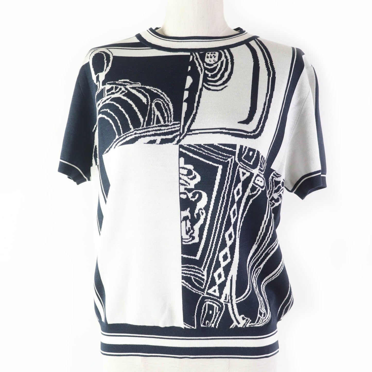 HERMES Short sleeve knit 4E2654D6 silk Navy white Knit jacquard chaos Women 42