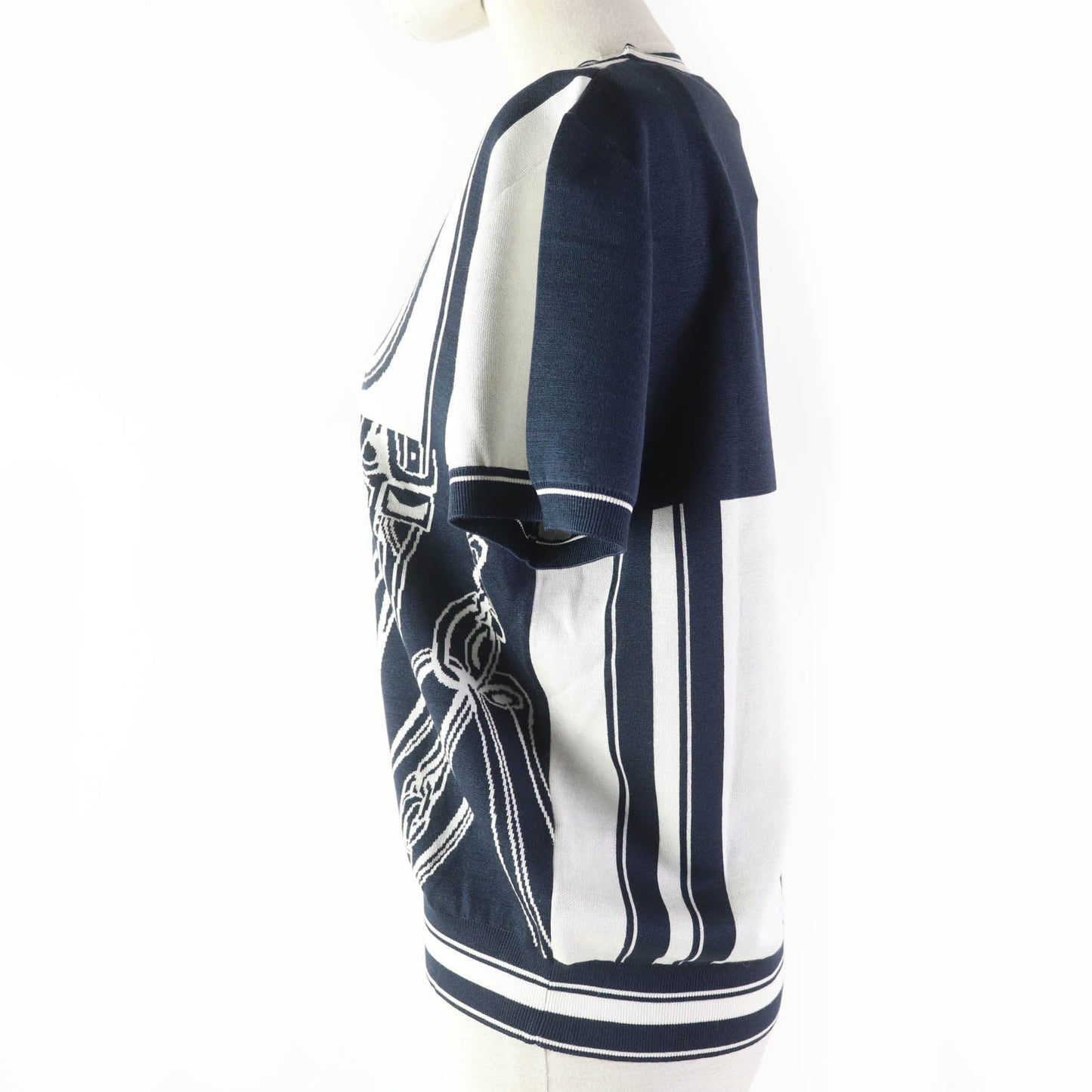 HERMES Short sleeve knit 4E2654D6 silk Navy white Knit jacquard chaos Women 42