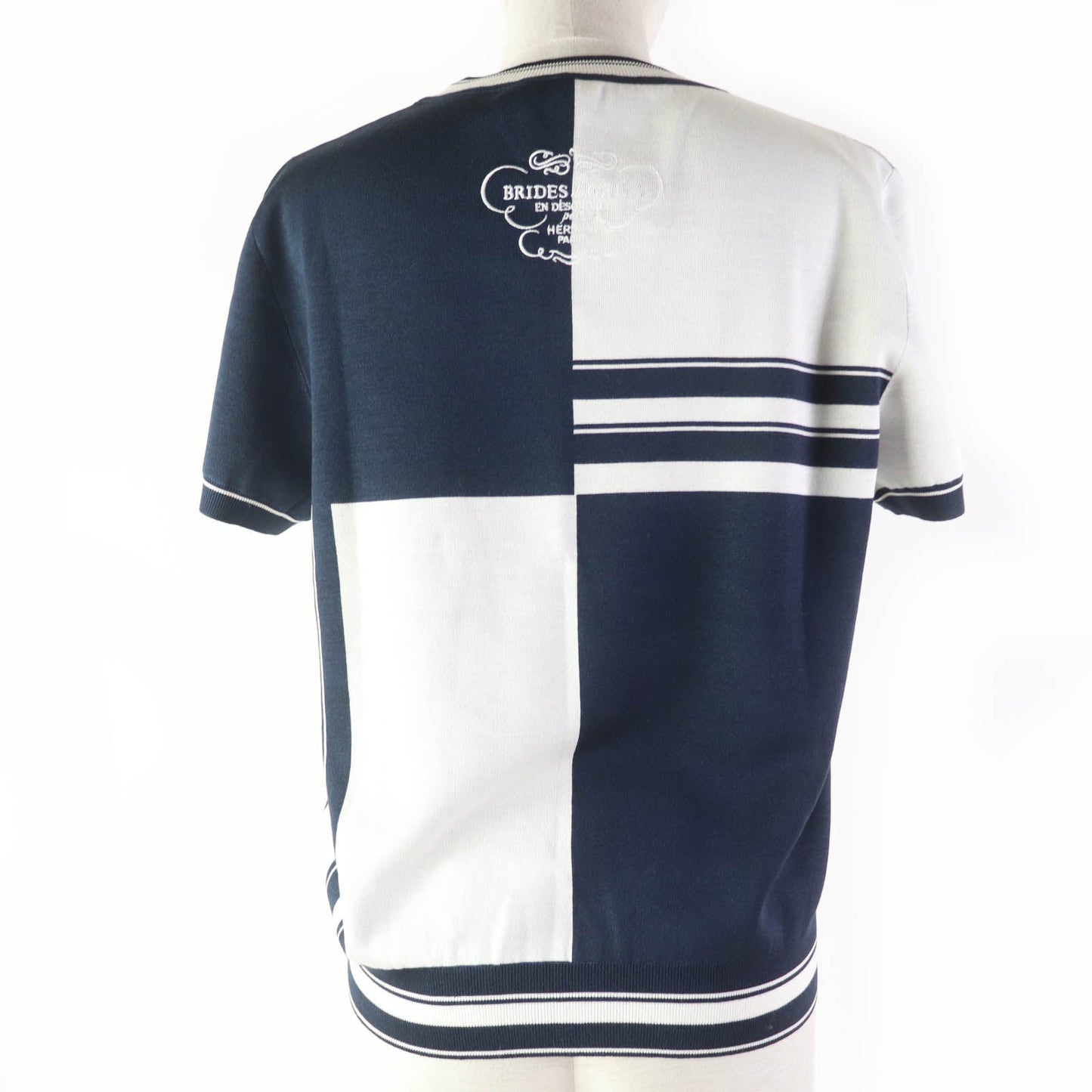 HERMES Short sleeve knit 4E2654D6 silk Navy white Knit jacquard chaos Women 42