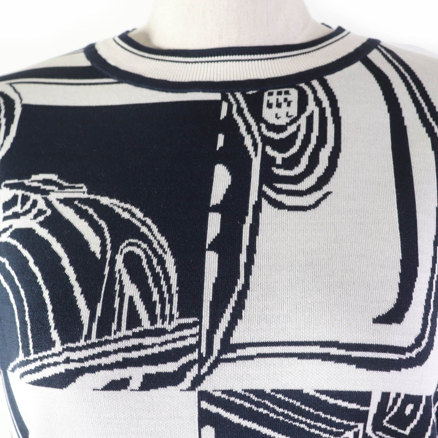 HERMES Short sleeve knit 4E2654D6 silk Navy white Knit jacquard chaos Women 42