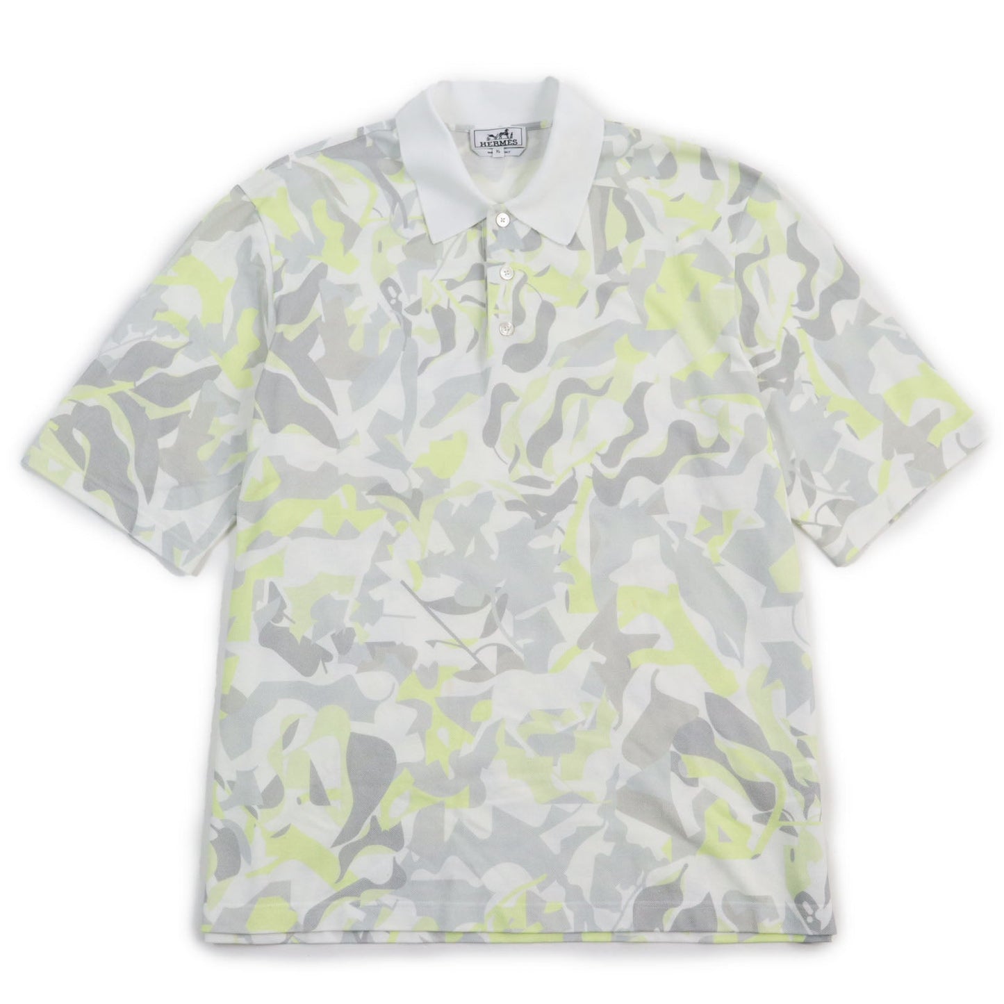 HERMES Short sleeve polo shirt Main: 100% cotton Gray yellow Puzzle Vegetal mens XL