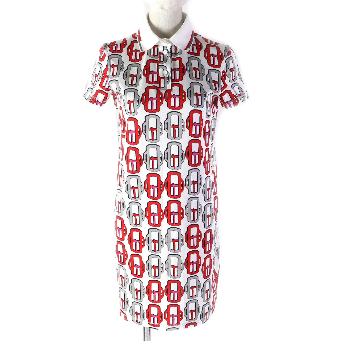 HERMES one piece Main: 100% cotton, Collar: 81% cotton, 16% nylon, 3% polyurethane White Red Gray Navy BOUCLERIE MODERNE JERSEY Modern buckle Women 34