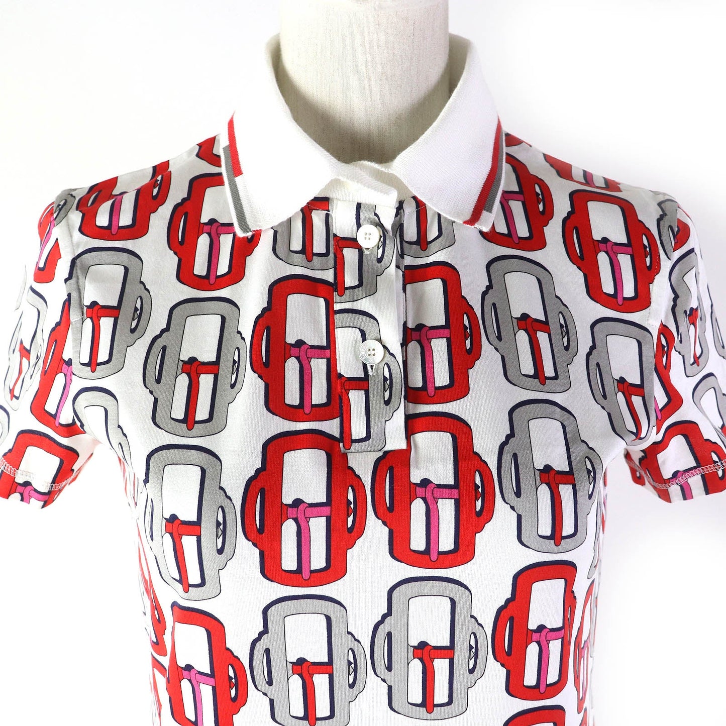 HERMES one piece Main: 100% cotton, Collar: 81% cotton, 16% nylon, 3% polyurethane White Red Gray Navy BOUCLERIE MODERNE JERSEY Modern buckle Women 34