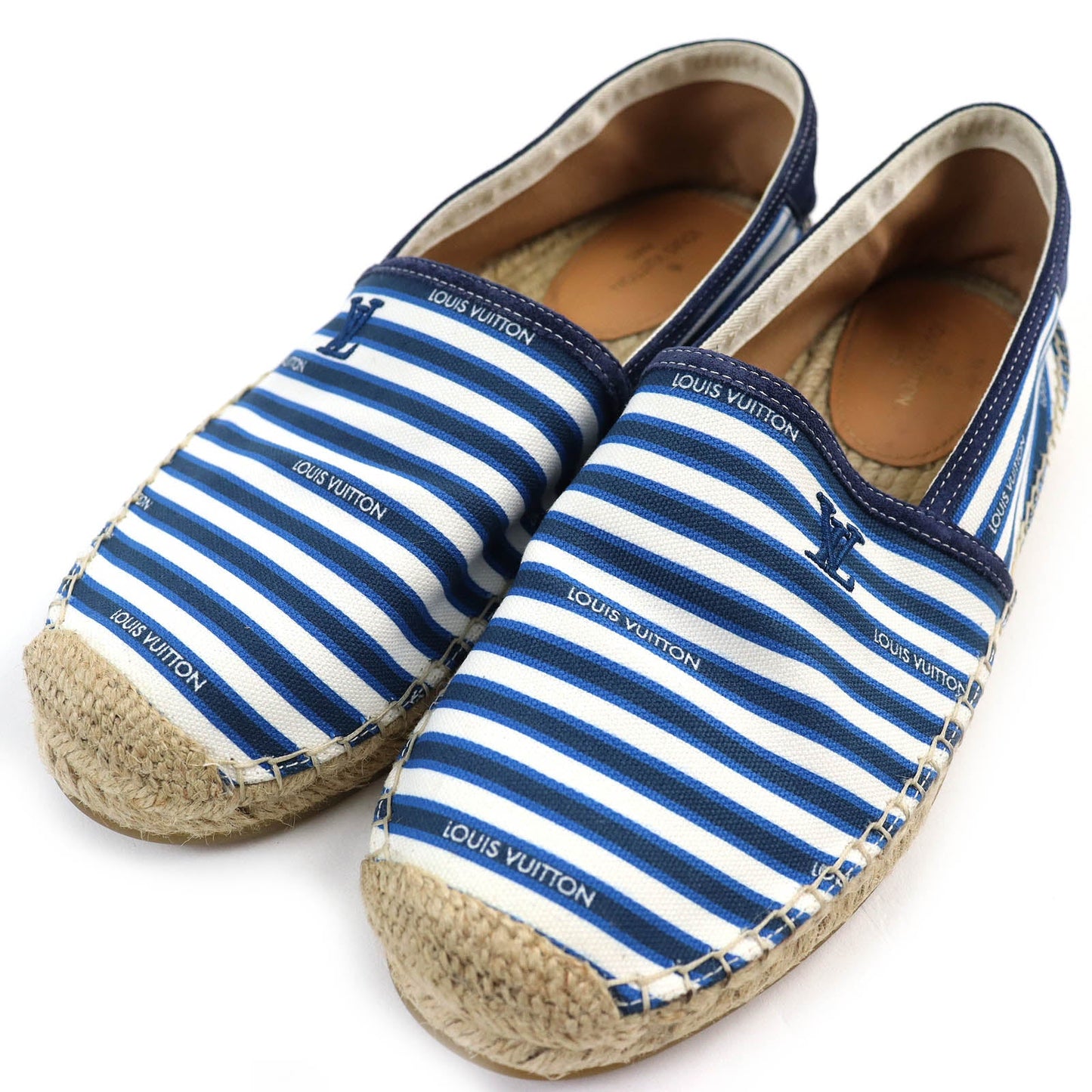 LOUIS VUITTON Slip-on Canvas, Rubber Blue white Jute Flats Border LV logo embroidery Espadrille mens 8