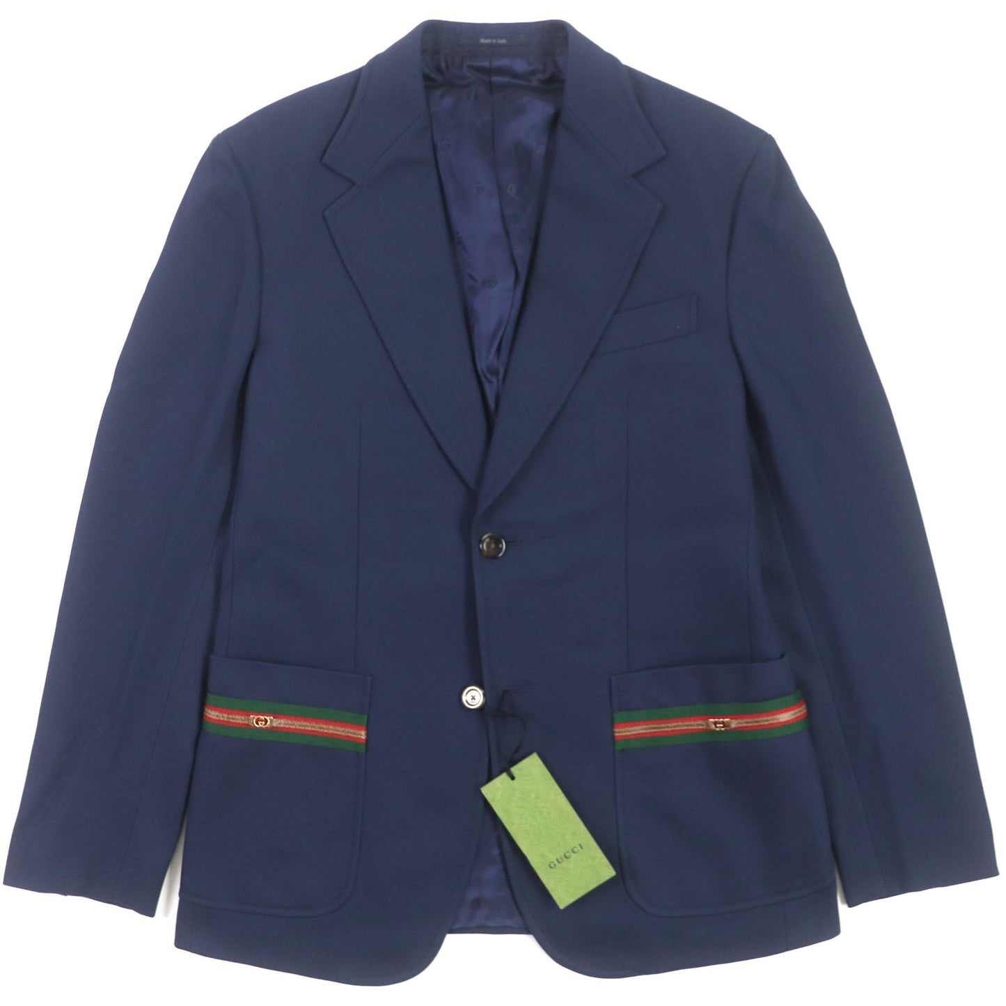 GUCCI tailored jacket 751155 Main: 100% cotton, Lining: 100% rayon, Parts: 100% rayon, Applique: 35% acrylic, 35% alpaca, 30% polyester Navy Cotton formal jacket with Web stripe detail mens 46