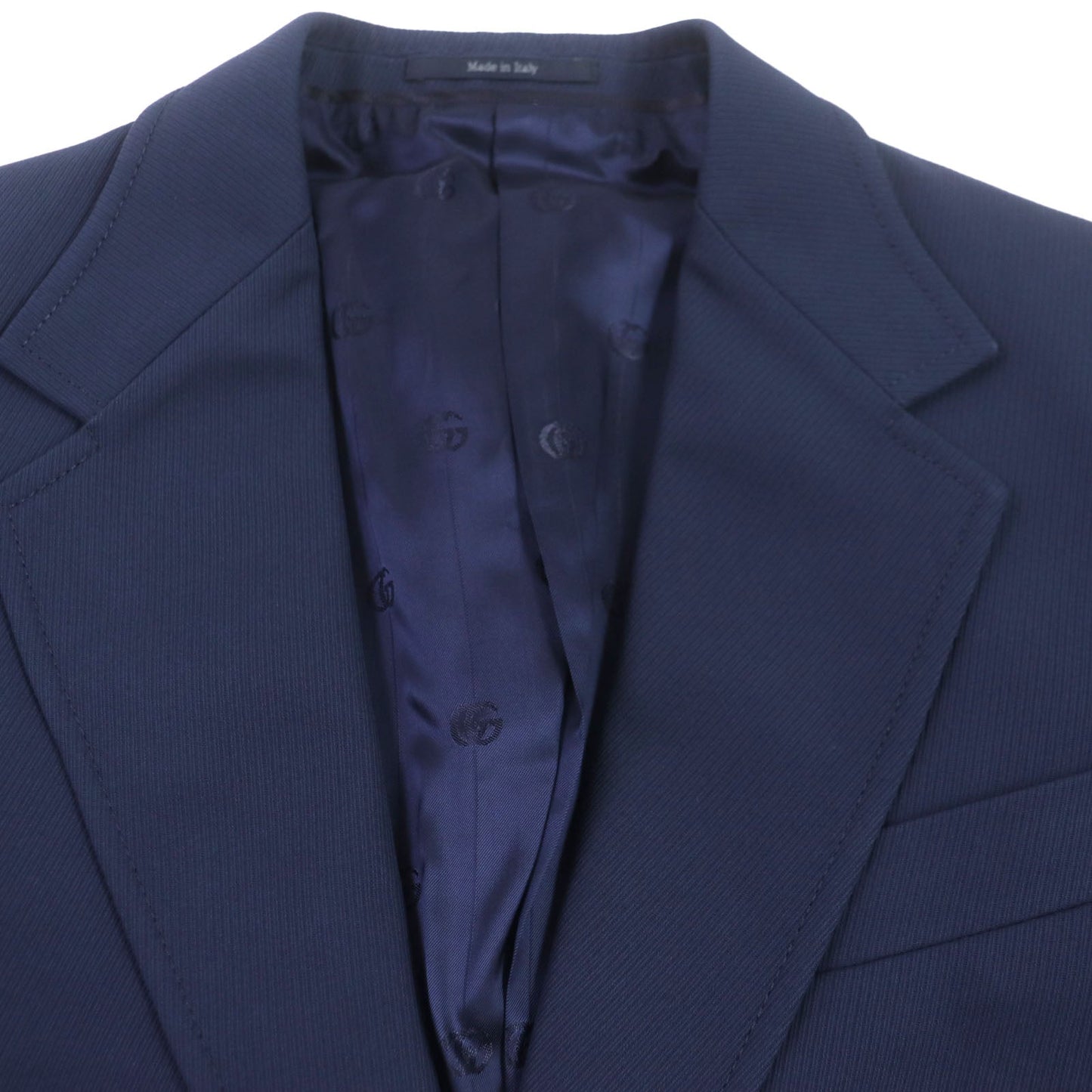 GUCCI tailored jacket 751155 Main: 100% cotton, Lining: 100% rayon, Parts: 100% rayon, Applique: 35% acrylic, 35% alpaca, 30% polyester Navy Cotton formal jacket with Web stripe detail mens 46