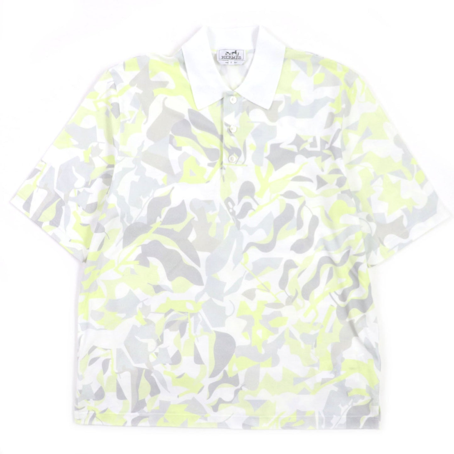 HERMES Short sleeve polo shirt Main: 100% cotton White Gray Yellow Panel Vegetal mens S