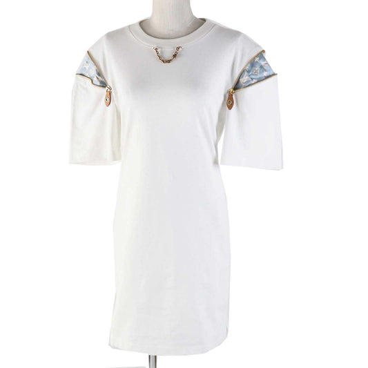 LOUIS VUITTON one piece 1ABRXK Main: 100% cotton, Parts: 70% silk, 30% cotton, Synthetic leather: 60% polyurethane, 20% cotton, 20% polyester, Zipper pull: Cowhide, zinc alloy, brass White light blue Zipper sleeve T-shirt dress Women XS
