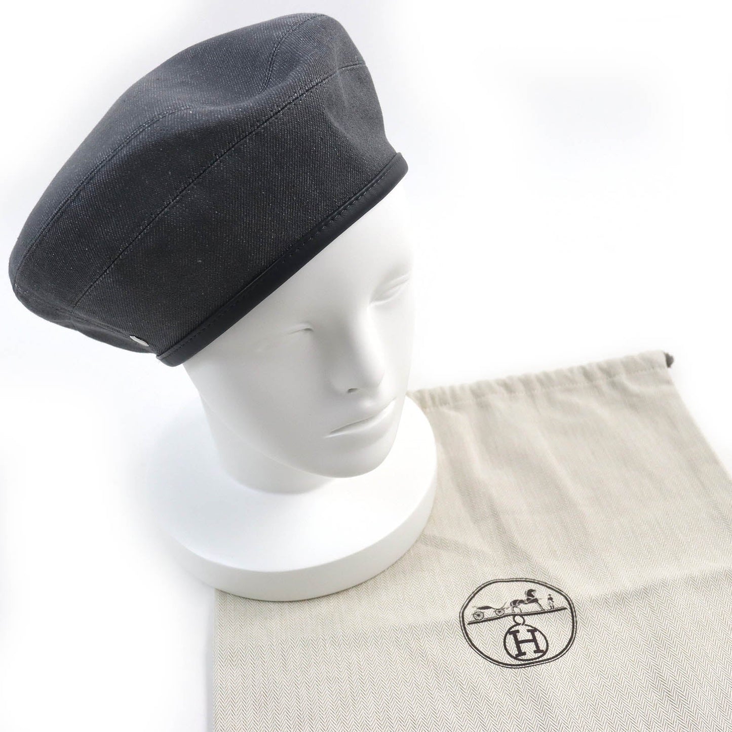 HERMES beret Outer: 100% cotton, Lining: 65% rayon, Lining: 35% silk, Leather part: cowhide gray Saint Honor Women 58