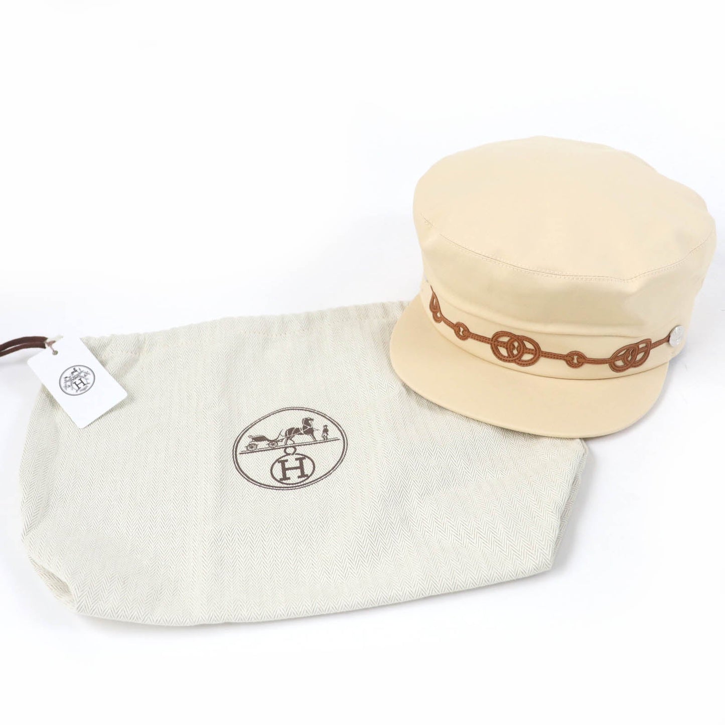HERMES Casquette Main: 96% cotton, Main: 4% polyurethane, Part: sheep leather, Lining: 65% rayon, Lining: 35% silk beige Kabul Cricket Women 56