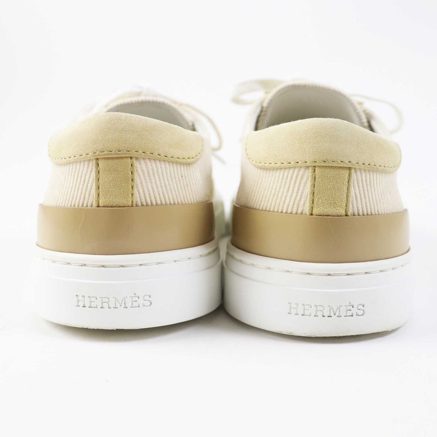HERMES sneakers 222189Z Suede Leather, Rubber, Corduroy Beige white DEEP Women 38 1/2