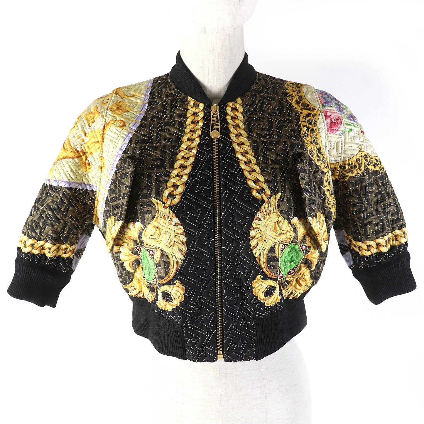 FENDI Jacket FJ7258 Outer: 100% silk, Lining: 100% silk, Trim: 69% polyester, 27% nylon, 4% polyurethane Brown Yellow type Black Multicolor Women 36