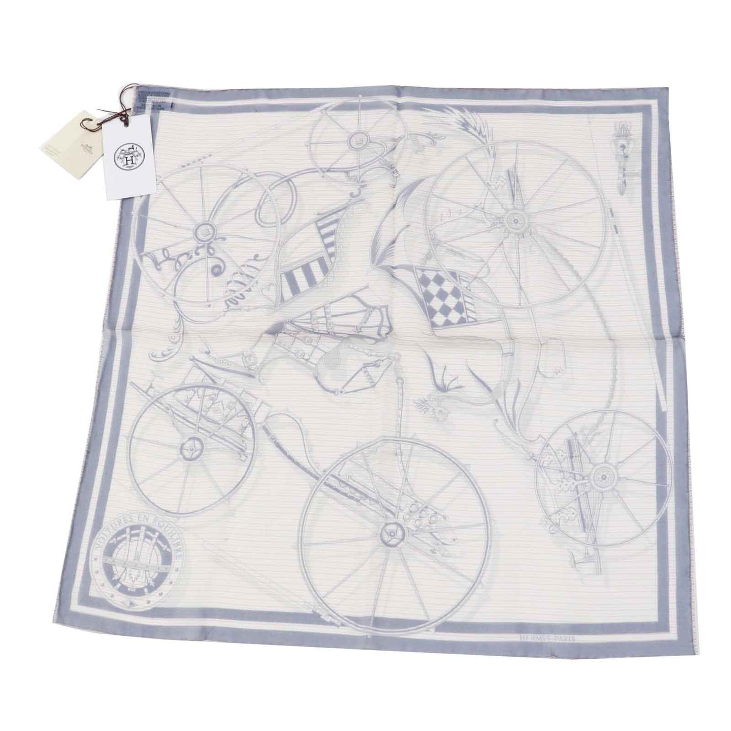 HERMES scarf silk Navy Beige type Gavroche 45 VOITURES ENEQUILIBRE Elaborate carriages Women