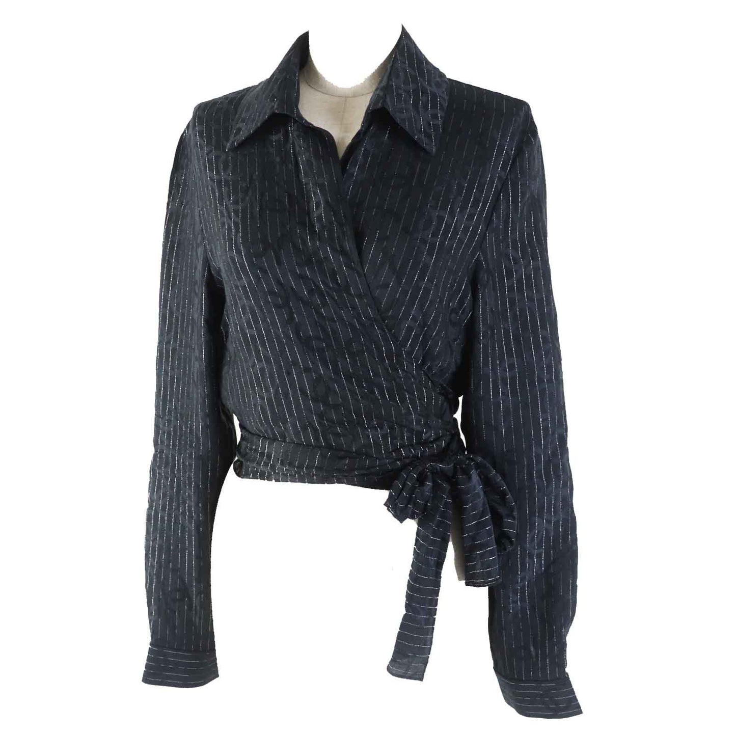 CHANEL Long sleeve shirt 23P P74411 Outer material: 97% silk, Outer material: 3% polyester Black Silver Women 40