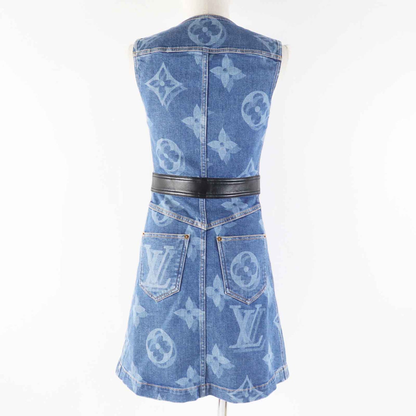 LOUIS VUITTON one piece Outer material: 98% cotton, Outer material: 2% polyurethane, Leather part: sheep leather Indigo blue Giant Monogram Women 34
