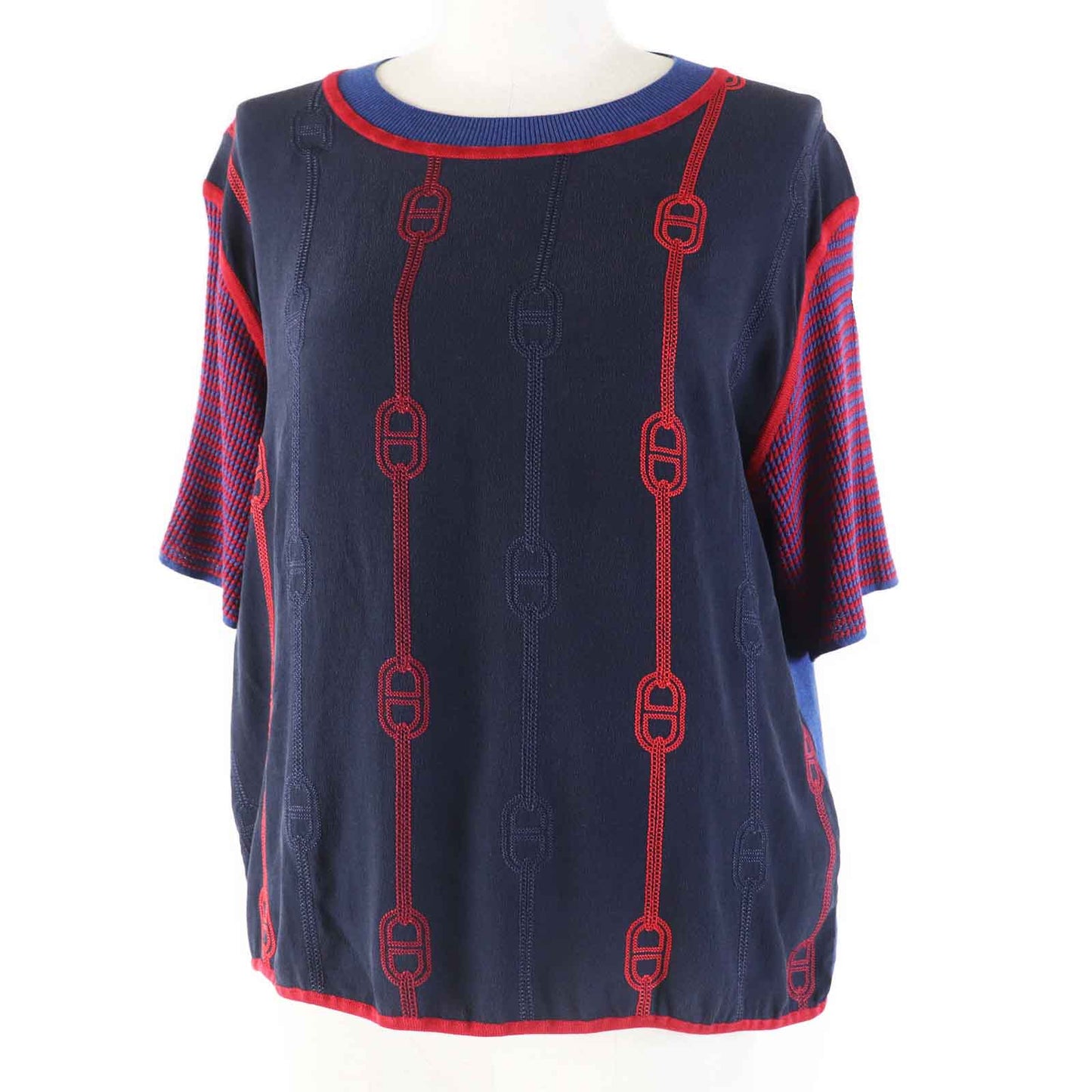 HERMES Short sleeve knit 3E2810DV Outer: 100% silk, part: 57% silk, part: 43% cotton, part: 47% silk, part: 35% cotton Navy red Women 40