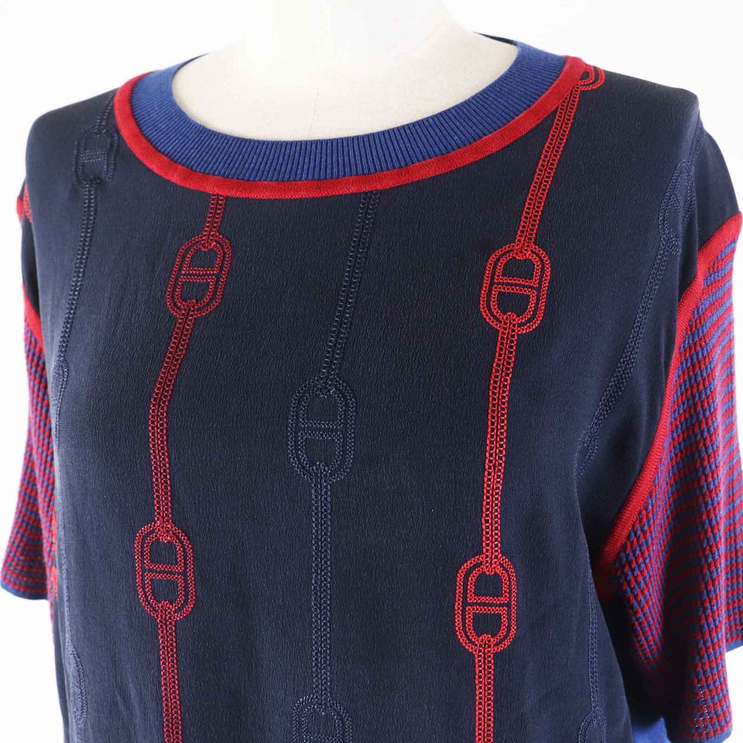 HERMES Short sleeve knit 3E2810DV Outer: 100% silk, part: 57% silk, part: 43% cotton, part: 47% silk, part: 35% cotton Navy red Women 40