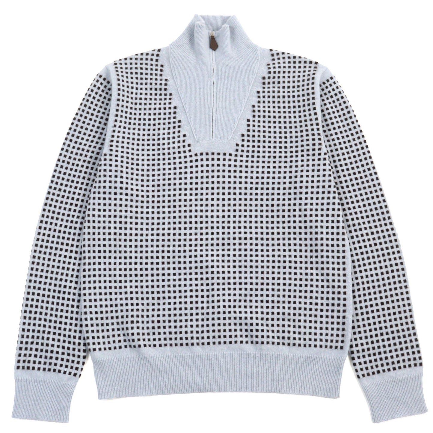 HERMES knit Main: 100% cashmere, part: lamb leather Light Blue Brown All-over Pattern mens S