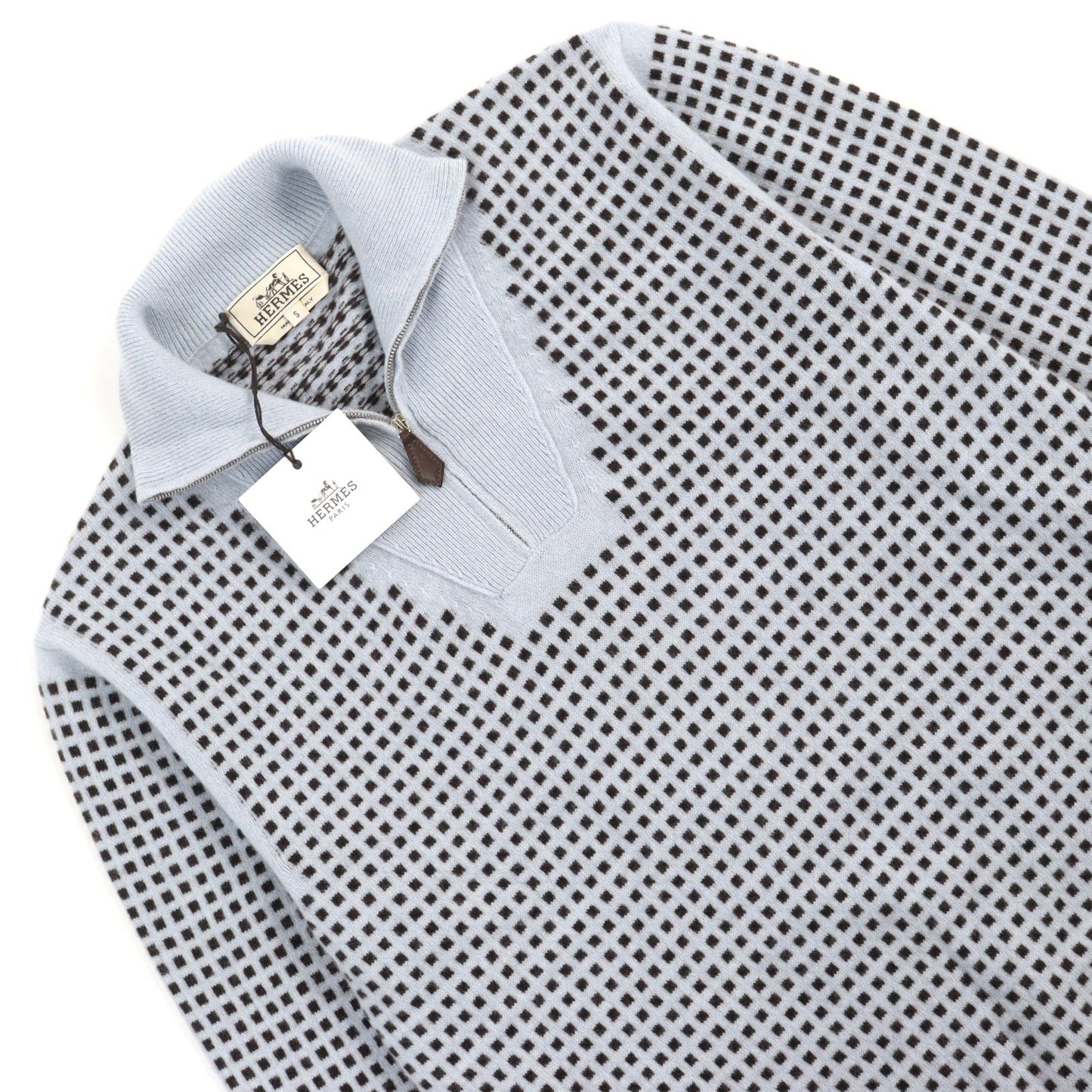 HERMES knit Main: 100% cashmere, part: lamb leather Light Blue Brown All-over Pattern mens S