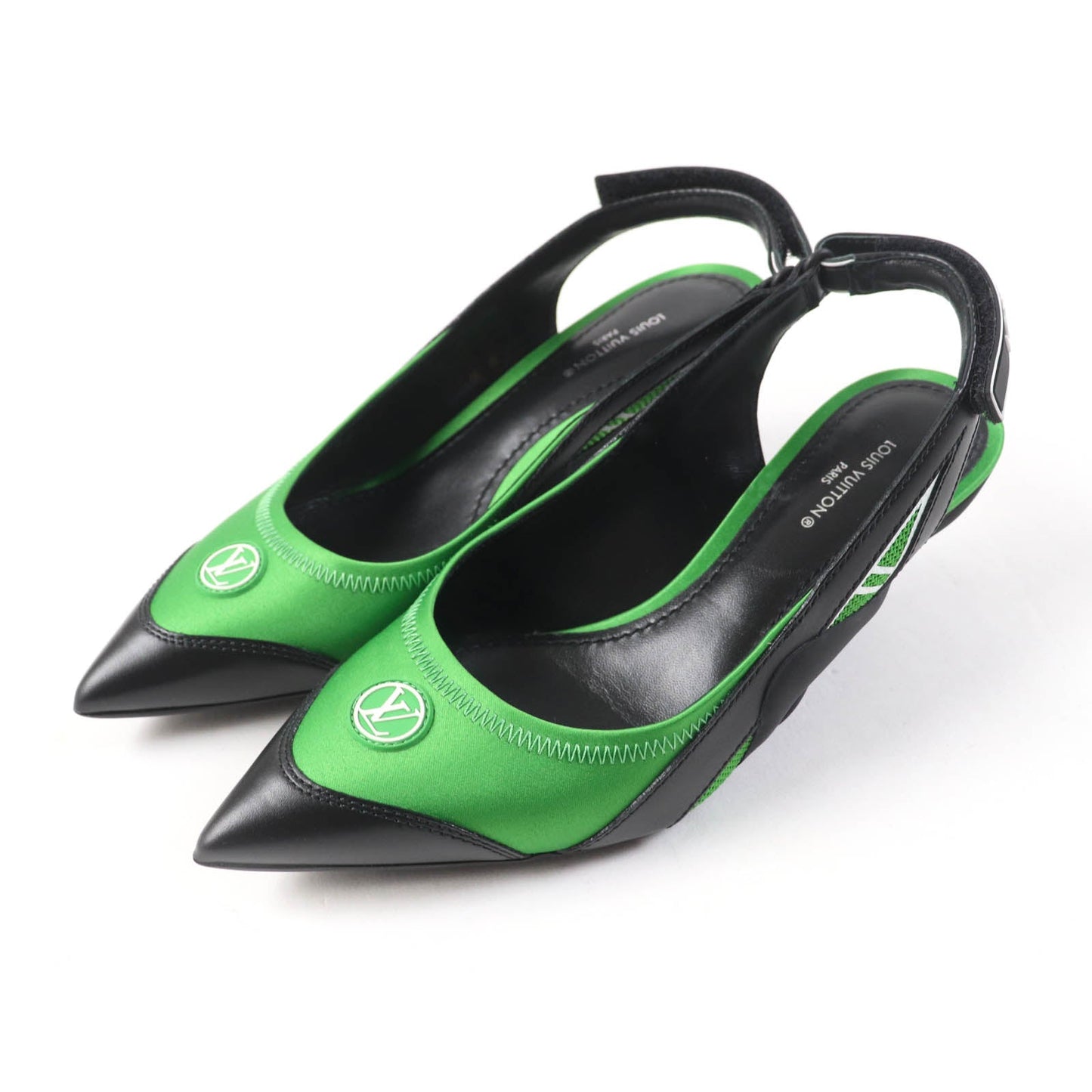 LOUIS VUITTON pumps Satin, Leather Black green arc light line LV Circle Logo Velcro Strap Women 35