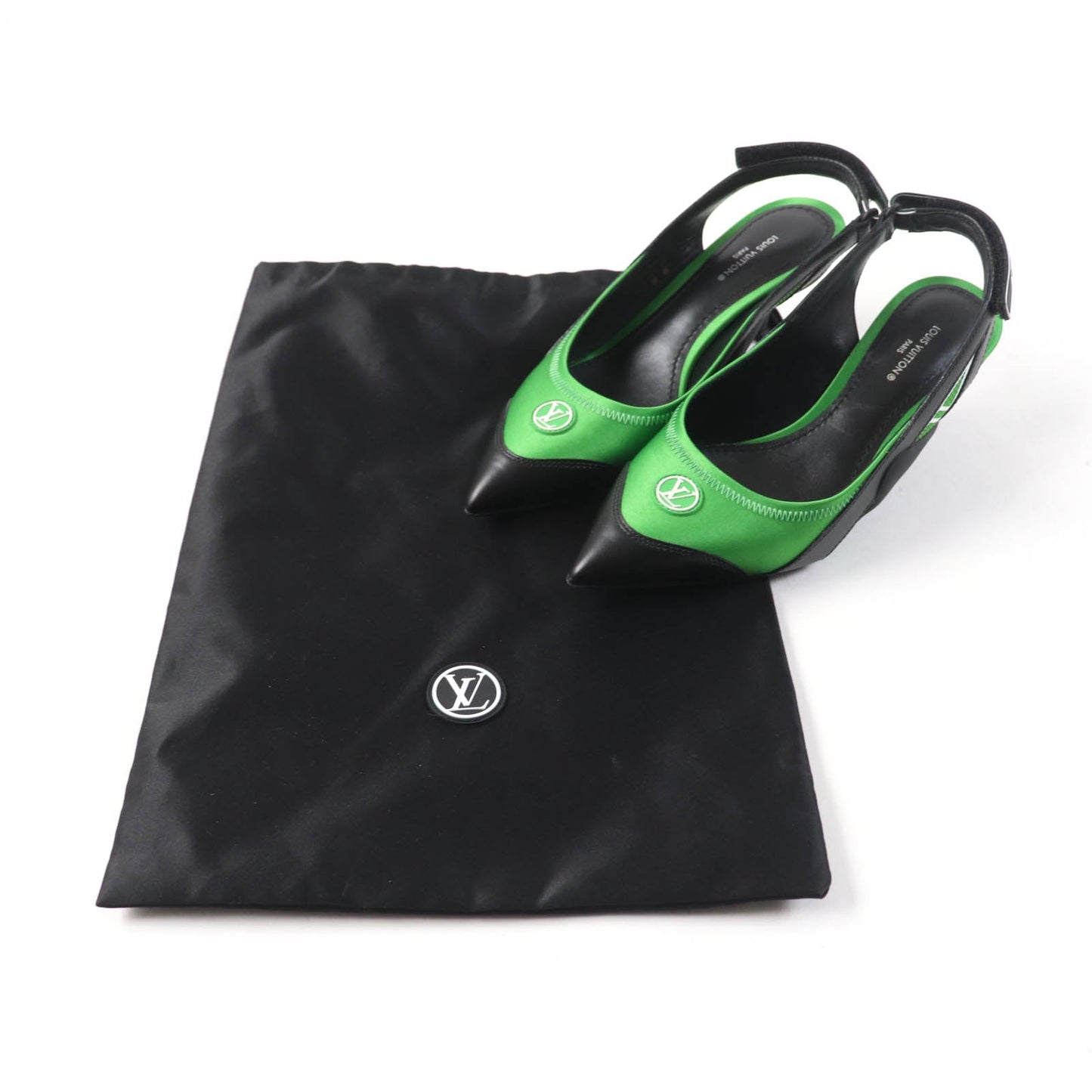 LOUIS VUITTON pumps Satin, Leather Black green arc light line LV Circle Logo Velcro Strap Women 35