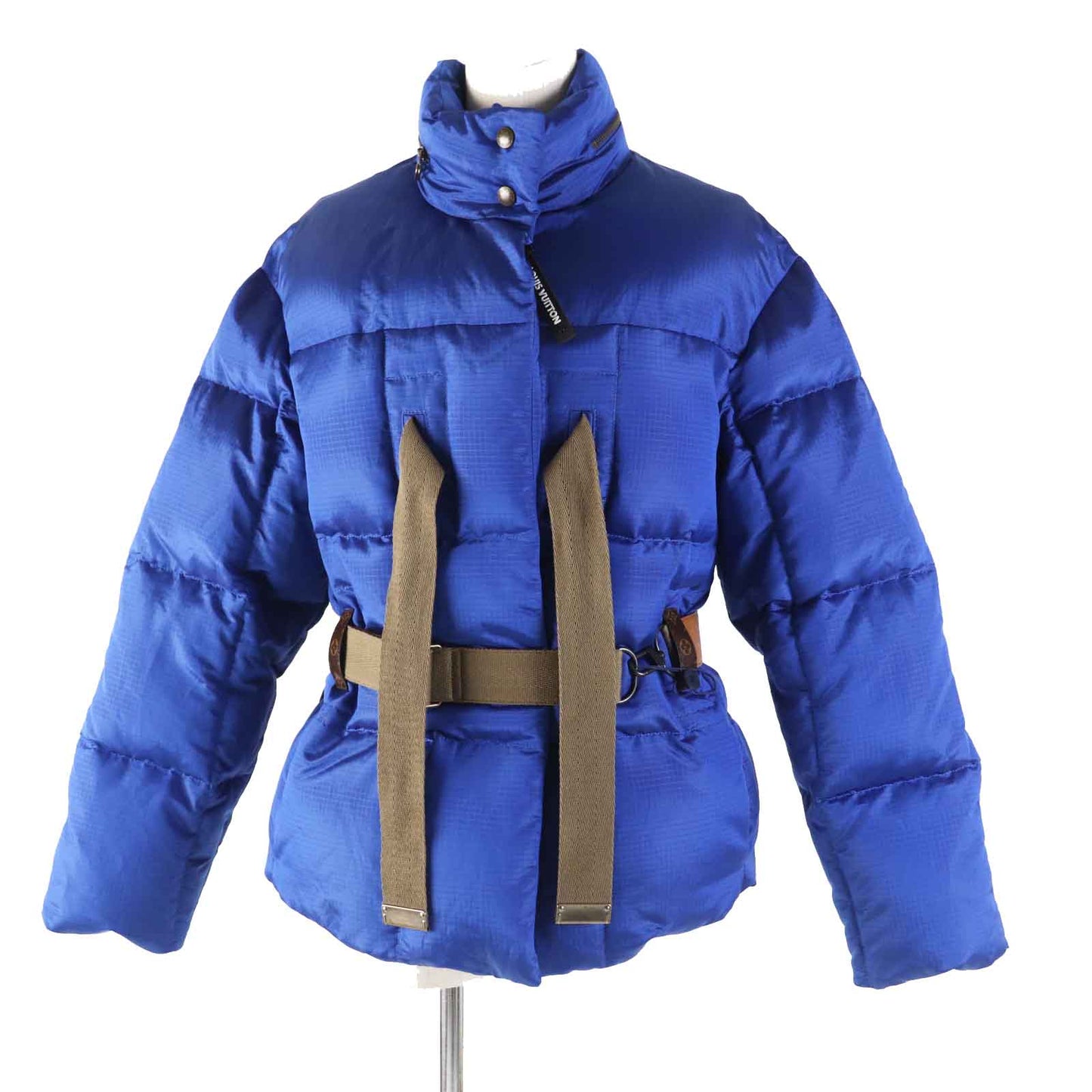 LOUIS VUITTON Down jacket Outer: 71% nylon, Outer: 29% polyester, Lining: 50% polyester, Lining: 50% cotton, Filling: 90% down, Belt: 100% cotton, Sheepskin blue Women 34