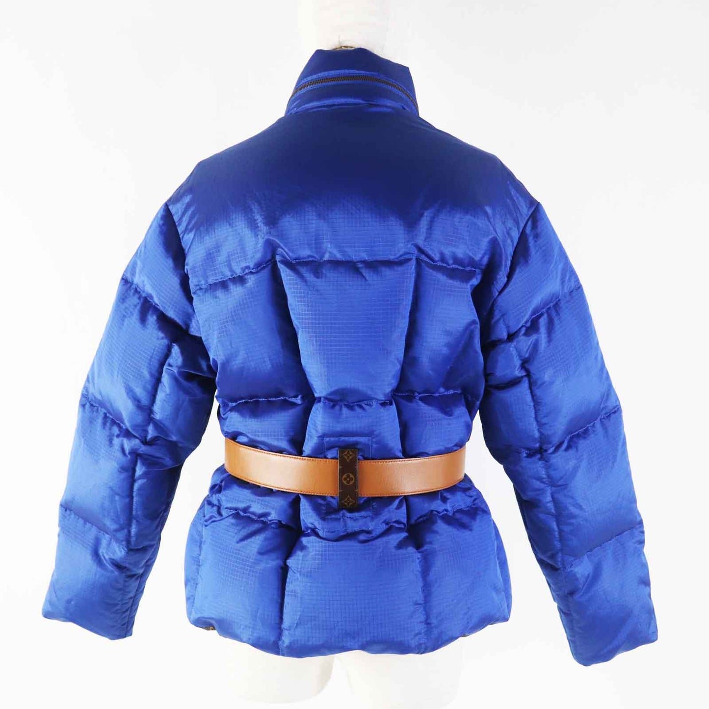 LOUIS VUITTON Down jacket Outer: 71% nylon, Outer: 29% polyester, Lining: 50% polyester, Lining: 50% cotton, Filling: 90% down, Belt: 100% cotton, Sheepskin blue Women 34
