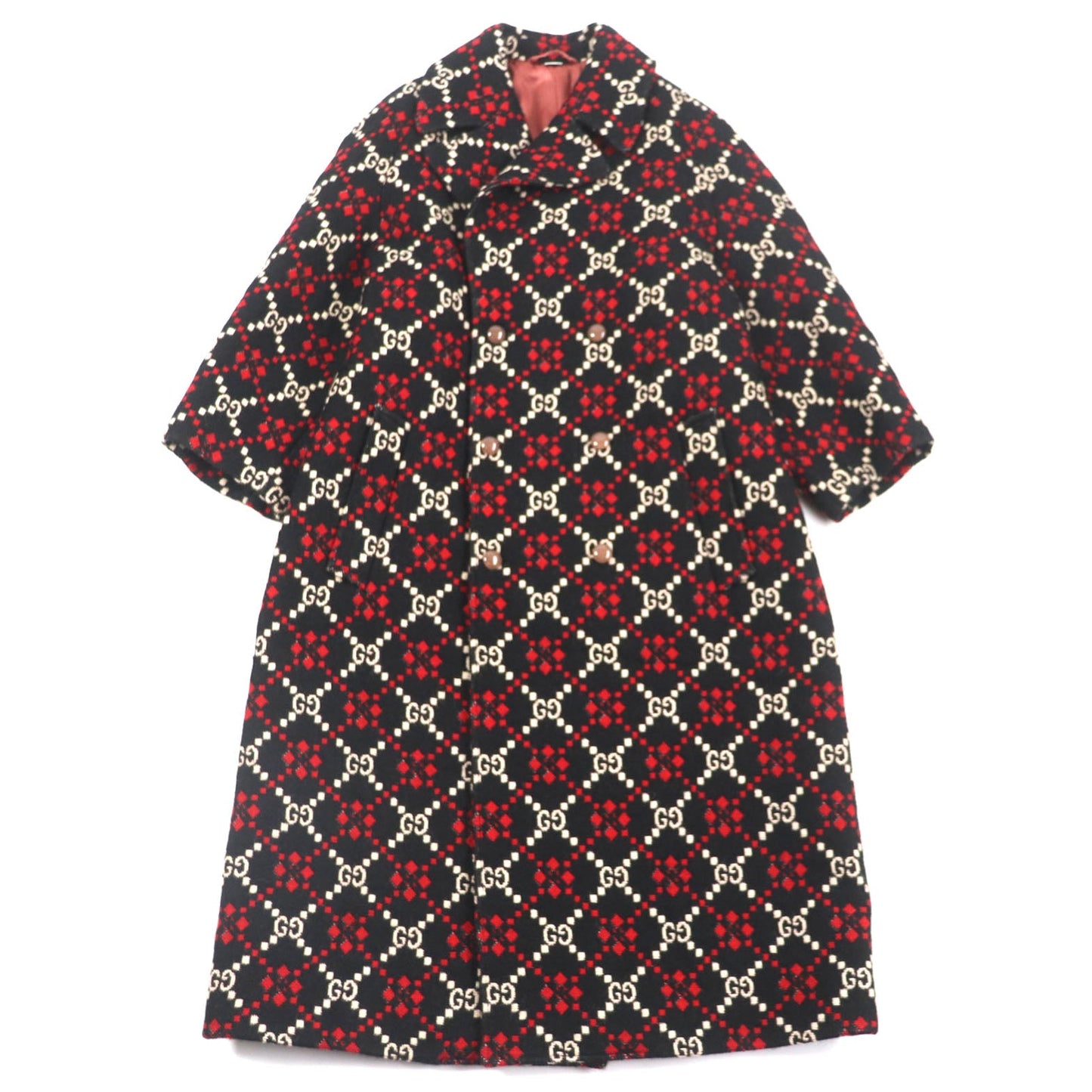 GUCCI Double chester coat 535769 Outer: 100% wool, Lining: 68% rayon, Lining: 32% silk Black red GG diamond Diamond Wool Coat mens 50