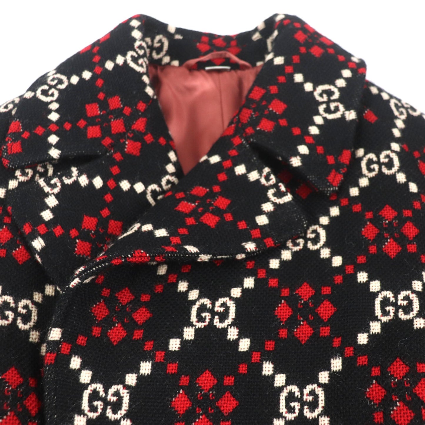 GUCCI Double chester coat 535769 Outer: 100% wool, Lining: 68% rayon, Lining: 32% silk Black red GG diamond Diamond Wool Coat mens 50