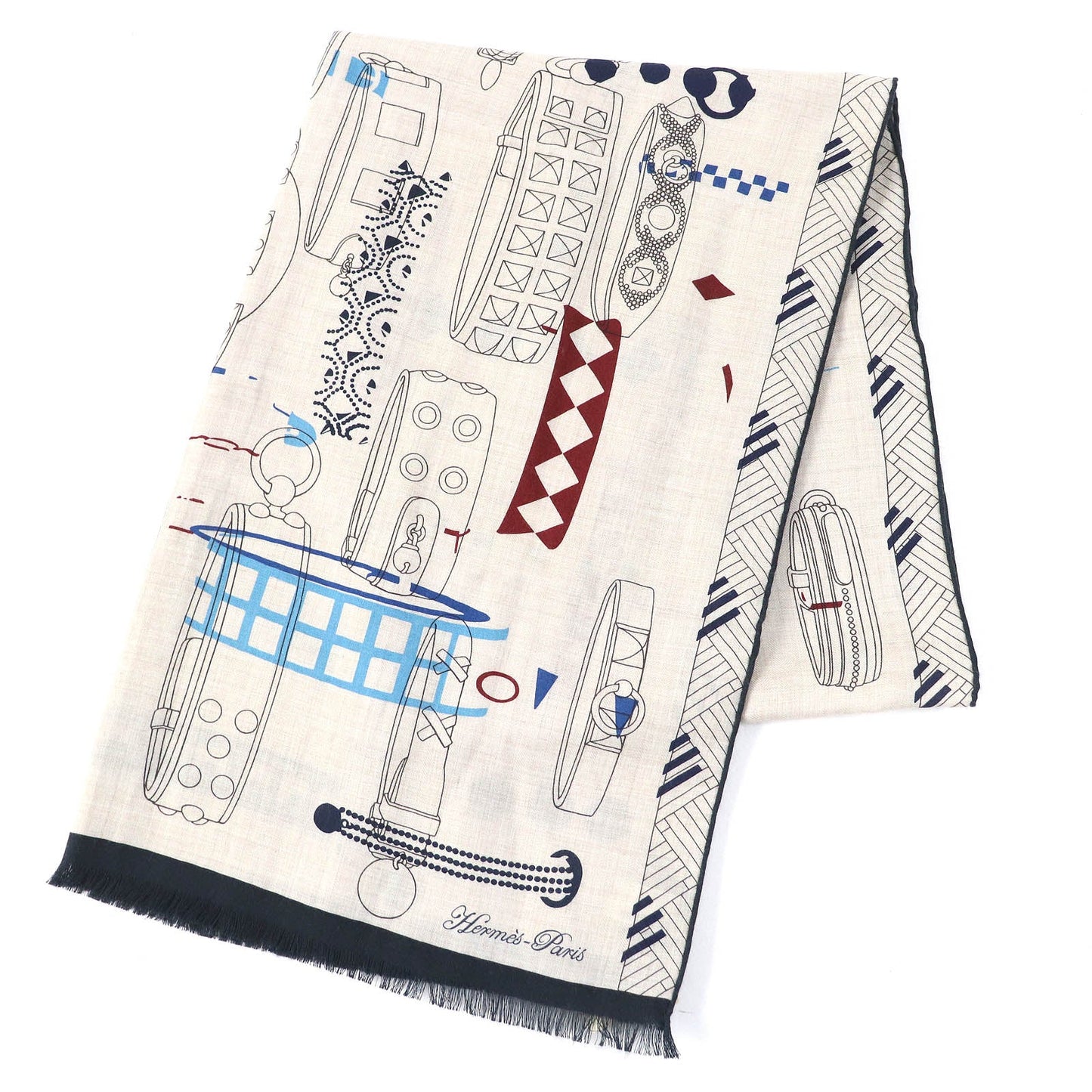 HERMES Stall 694134T Main: 70% cashmere, Main: 30% silk NATUREL/ARDOISE/BORDE Rectangle Colliers de Chiens Imprimeur Fou Women