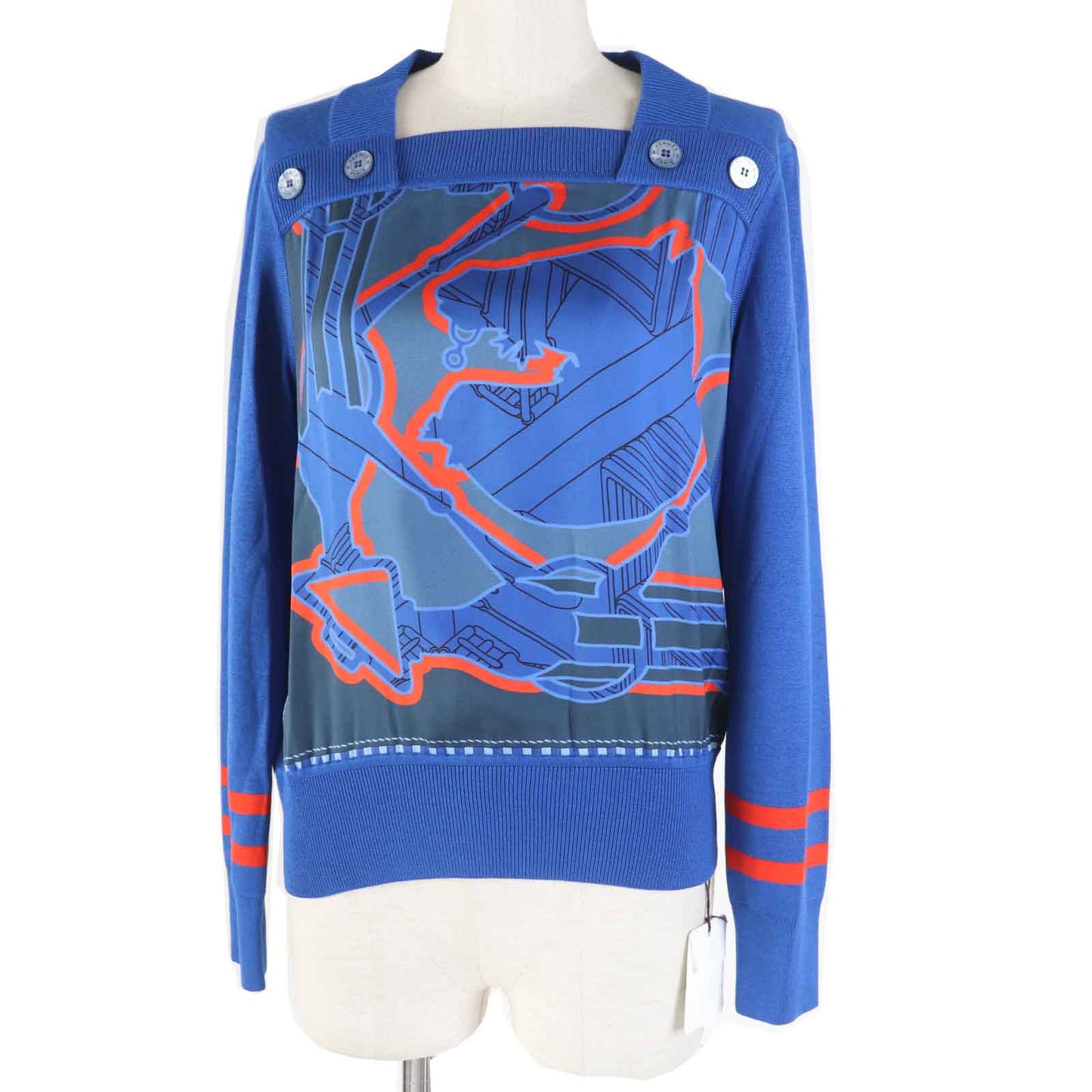 HERMES knit 2E2808DN Main: 100% silk, Main: 84% rayon, Main: 11% silk, Main: 4% nylon, Main: 1% polyurethane blue Women 38
