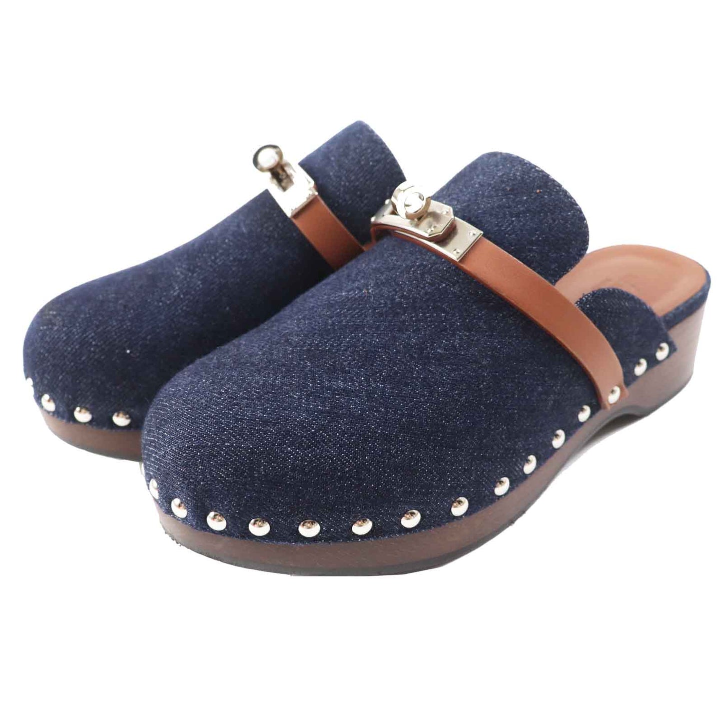 HERMES Sandals Main: Denim, Part: Leather, Part: Wood Indigo blue Carlotta Women 35