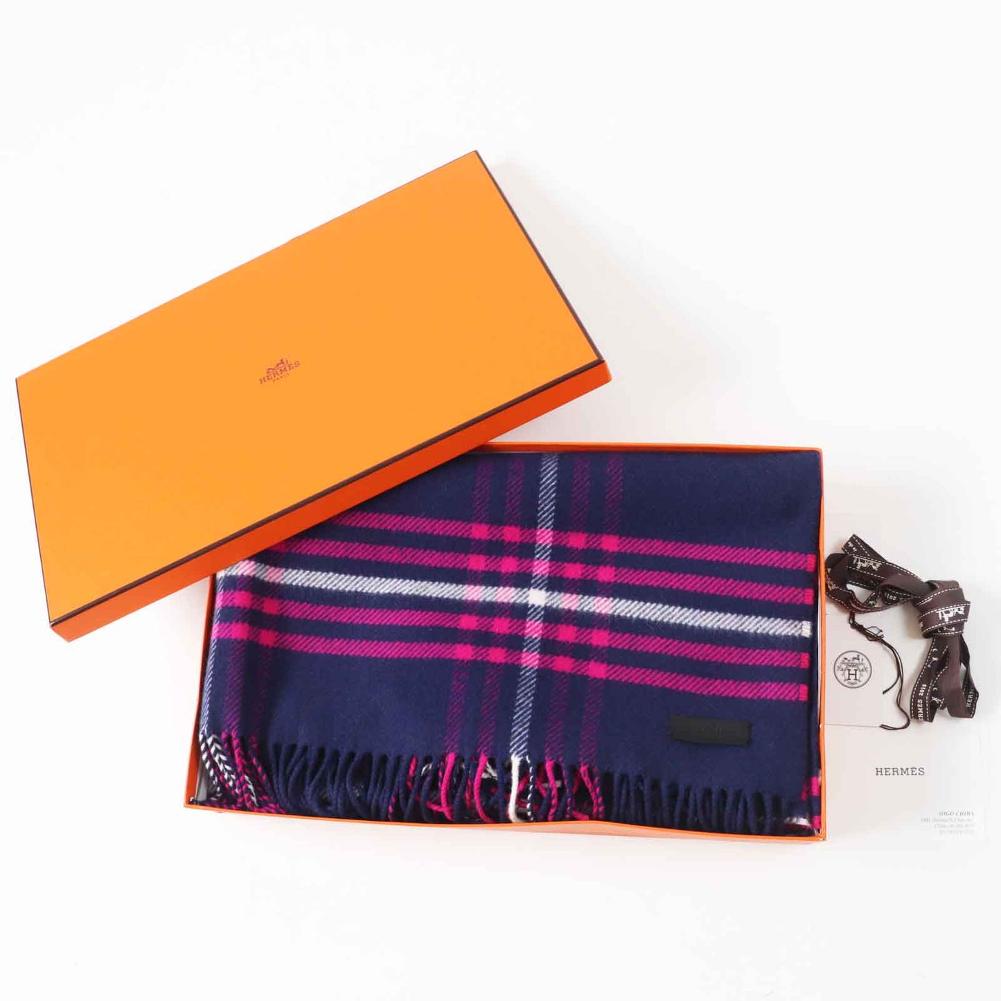 HERMES Scarf Main: 100% cashmere, Leather part: Cowhide Navy pink Women