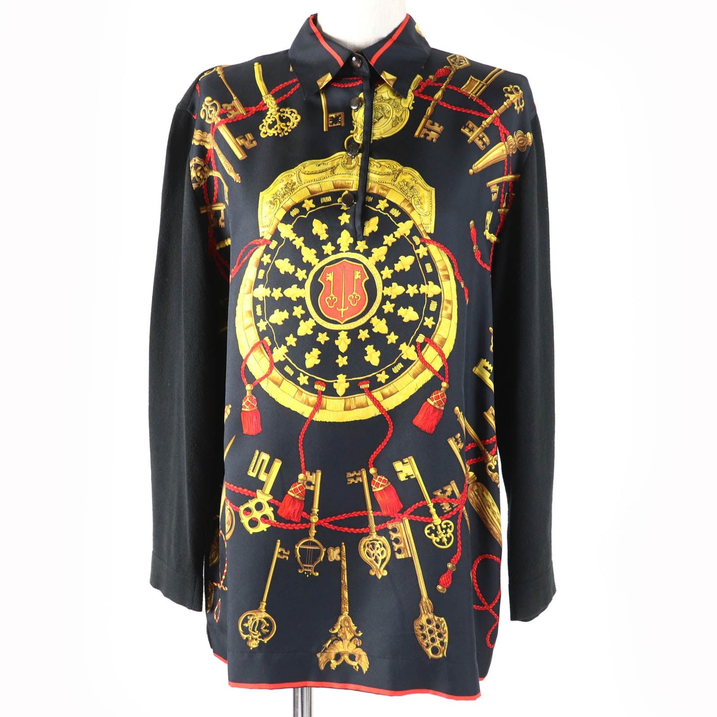 HERMES Long sleeve polo shirt Main: 100% silk, part: 85% cotton, part: 15% cashmere black LES CLES THE KEYS RARE Women M