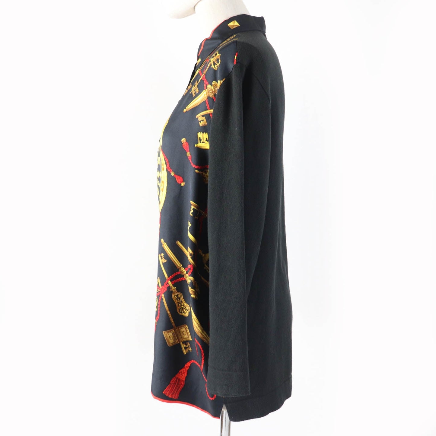 HERMES Long sleeve polo shirt Main: 100% silk, part: 85% cotton, part: 15% cashmere black LES CLES THE KEYS RARE Women M