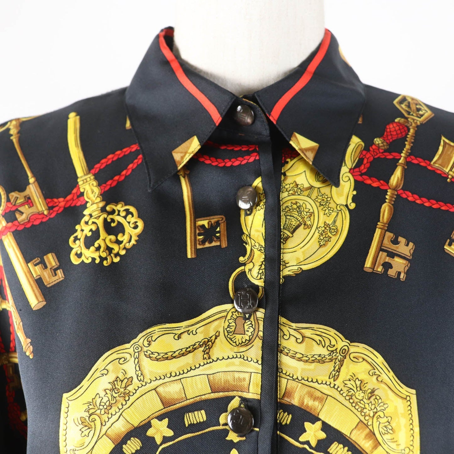 HERMES Long sleeve polo shirt Main: 100% silk, part: 85% cotton, part: 15% cashmere black LES CLES THE KEYS RARE Women M