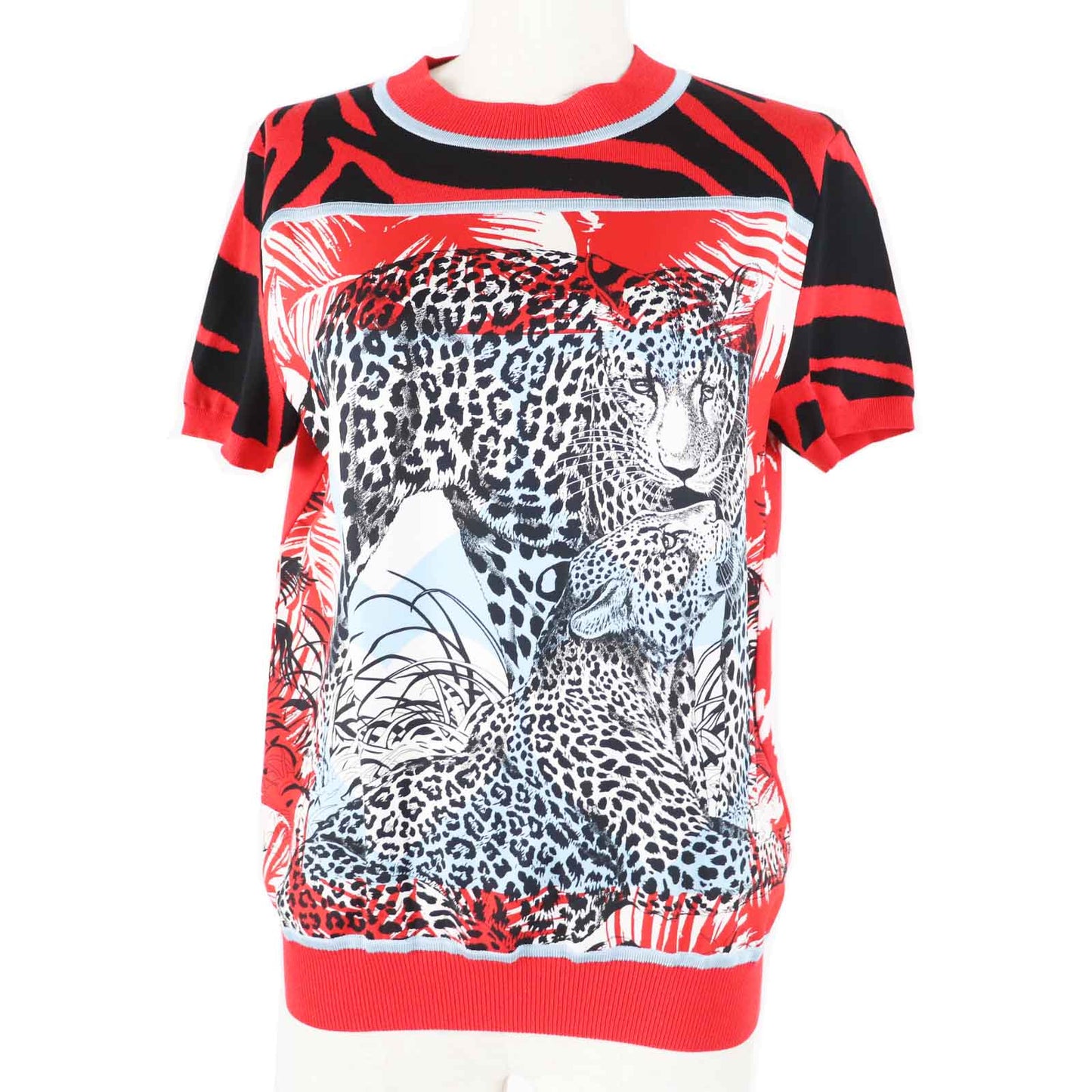 HERMES Short sleeve knit 3E2868D3 Main: 100% silk, Main: 86% rayon, Main: 10% silk, Main: 3% nylon, Main: 1% polyurethane Red x multi JUNGLE LOVE Women 36